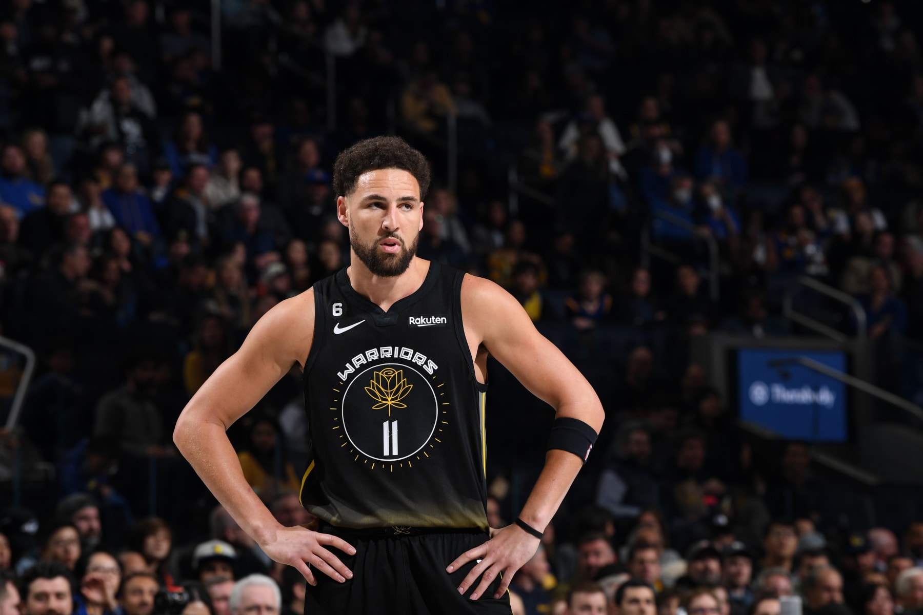 SAN FRANCISCO, CA - MARCH 3: Klay Thompson #11 of the Golden State Warriors looks on during the game against the New Orleans Pelicans on MARCH 3, 2023 at Chase Center in San Francisco, California. NOTE TO USER: User expressly acknowledges and agrees that, by downloading and or using this photograph, user is consenting to the terms and conditions of Getty Images License Agreement. Mandatory Copyright Notice: Copyright 2023 NBAE (Photo by Noah Graham/NBAE via Getty Images)