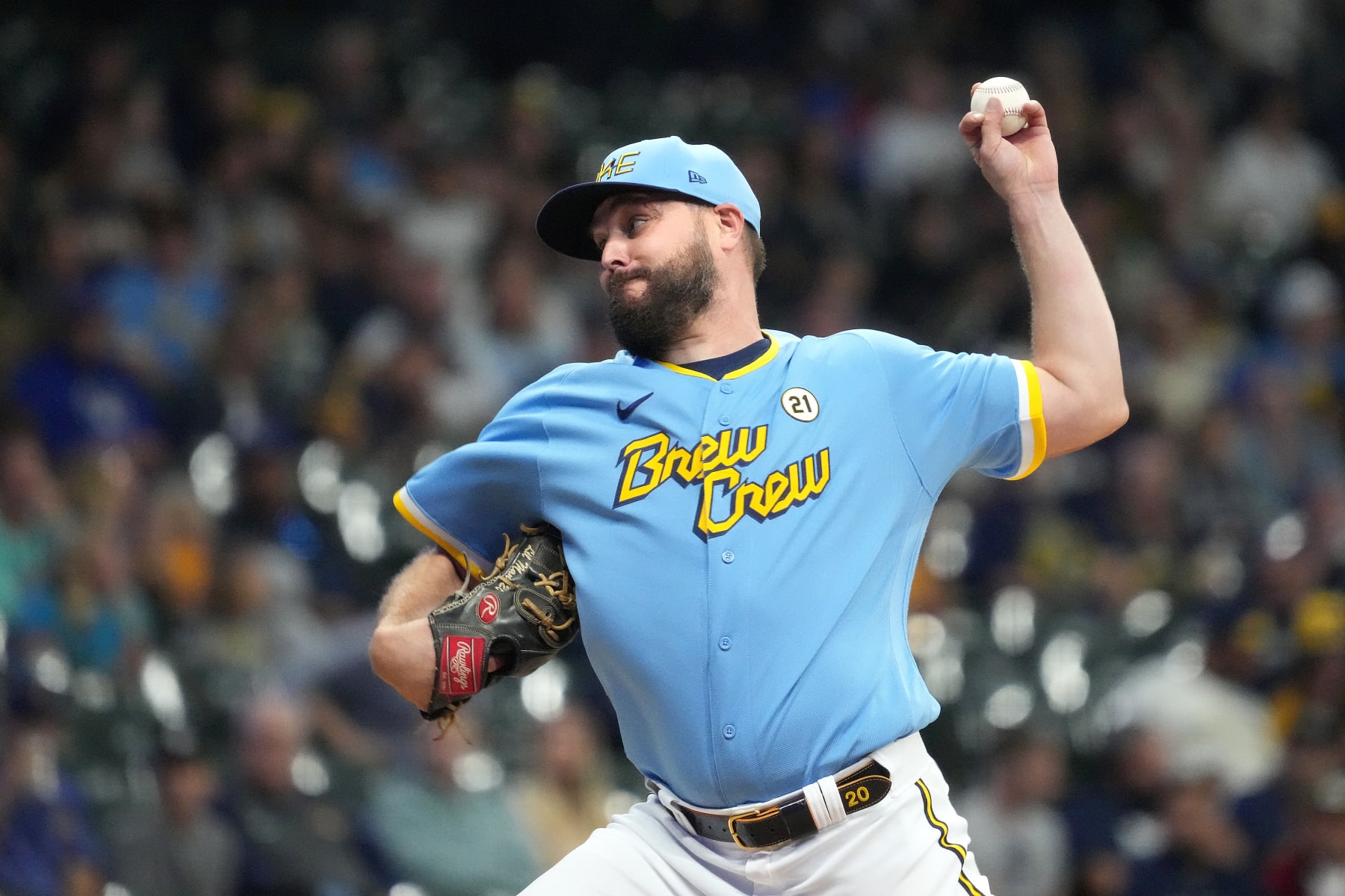 MILWAUKEE, WISCONSIN - SEPTEMBER 15: Wade Miley #20 of the Milwaukee Brewers pitches during the first inning against the Washington Nationals at American Family Field on September 15, 2023 in Milwaukee, Wisconsin. (Photo by Kayla Wolf/Getty Images)