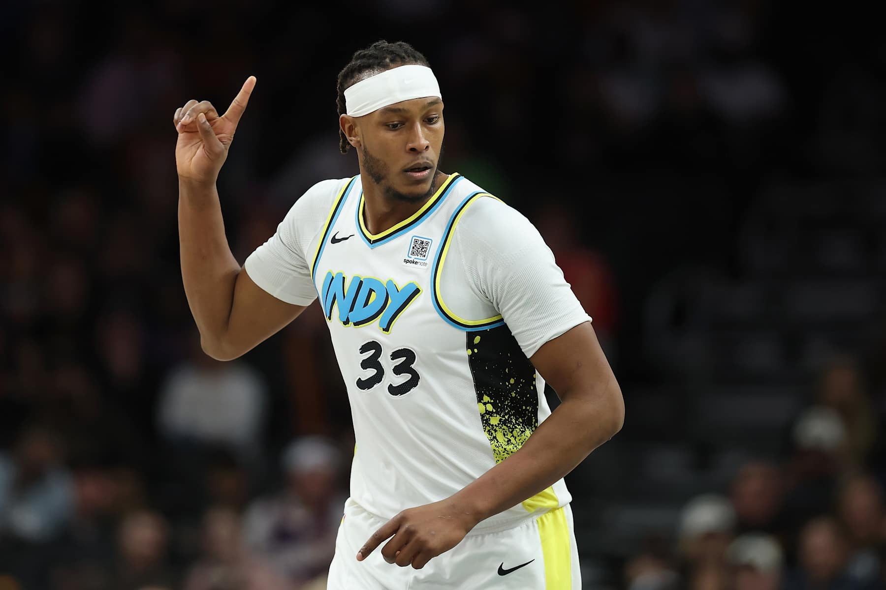 PHOENIX, ARIZONA - DECEMBER 19: Myles Turner #33 of the Indiana Pacers reacts to a three-point shot against the Phoenix Suns during the first half of the NBA game at Footprint Center on December 19, 2024 in Phoenix, Arizona. NOTE TO USER: User expressly acknowledges and agrees that, by downloading and or using this photograph, User is consenting to the terms and conditions of the Getty Images License Agreement.  (Photo by Christian Petersen/Getty Images)