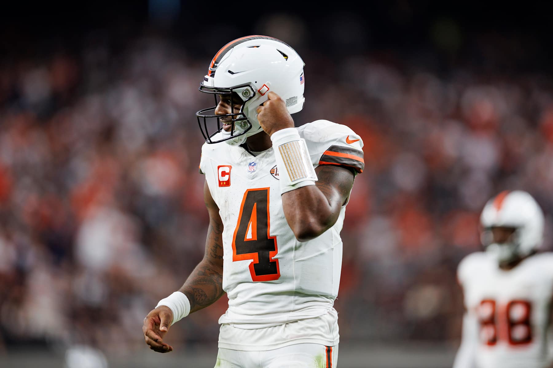 LAS VEGAS, NV - SEPTEMBER 29: Quarterback Deshaun Watson #4 of the Cleveland Browns stands on the field during the fourth quarter of an NFL football game against the Las Vegas Raiders, at Allegiant Stadium on September 29, 2024 in Las Vegas, Nevada. (Photo by Brooke Sutton/Getty Images)