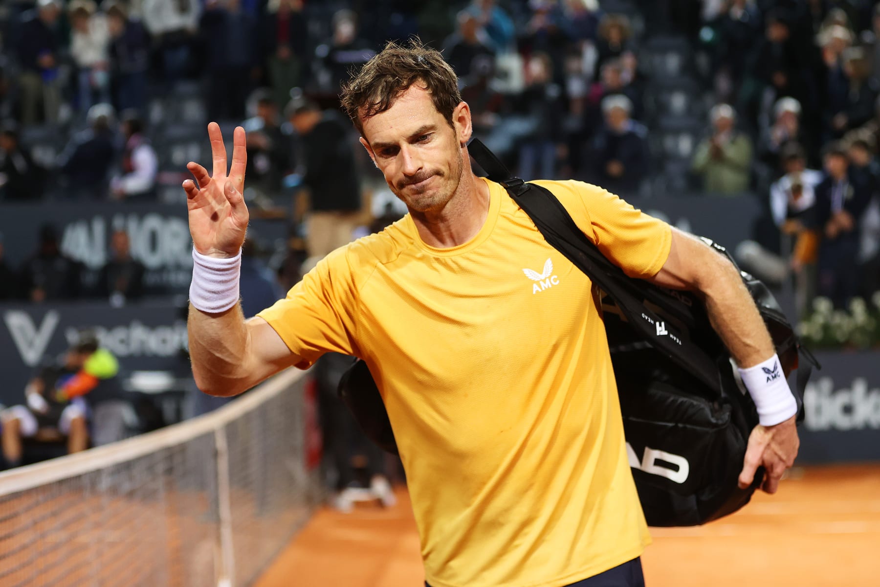 ROME, ITALY - MAY 10: Andy Murray of Great Britain acknowledges the fans following defeat against Fabio Fognini of Italy during the Men's Singles First Round match on Day Three of the Internazionali BNL D'Italia 2023 at Foro Italico on May 10, 2023 in Rome, Italy. (Photo by Alex Pantling/Getty Images)