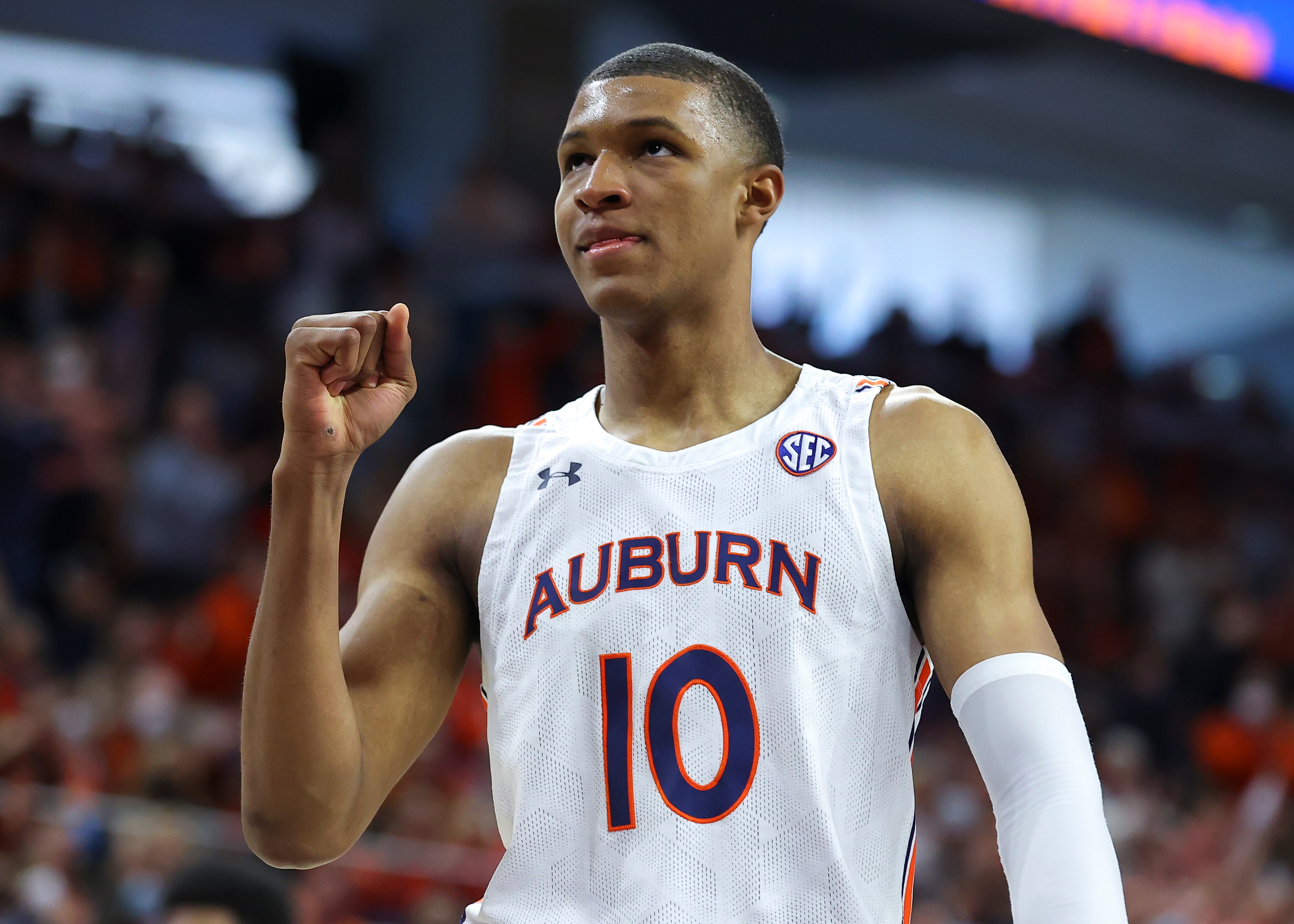 AUBURN, AL - JANUARY 22: Jabari Smith #10 of the Auburn Tigers reacts late in the second half against the Kentucky Wildcats at Auburn Arena on January 22, 2022 in Auburn, Alabama. (Photo by Todd Kirkland/Getty Images)
