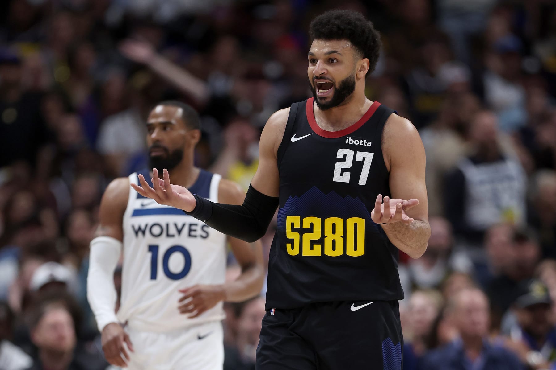 DENVER, COLORADO - MAY 06: Jamal Murray #27 of the Denver Nuggets looks for a foul call while playing the Minnesota Timberwolves in the second quarter during Game Two of the Western Conference Second Round Playoffs at Ball Arena on May 06, 2024 in Denver, Colorado. NOTE TO USER: User expressly acknowledges and agrees that, by downloading and or using this photograph, User is consenting to the terms and conditions of the Getty Images License Agreement. (Photo by Matthew Stockman/Getty Images)