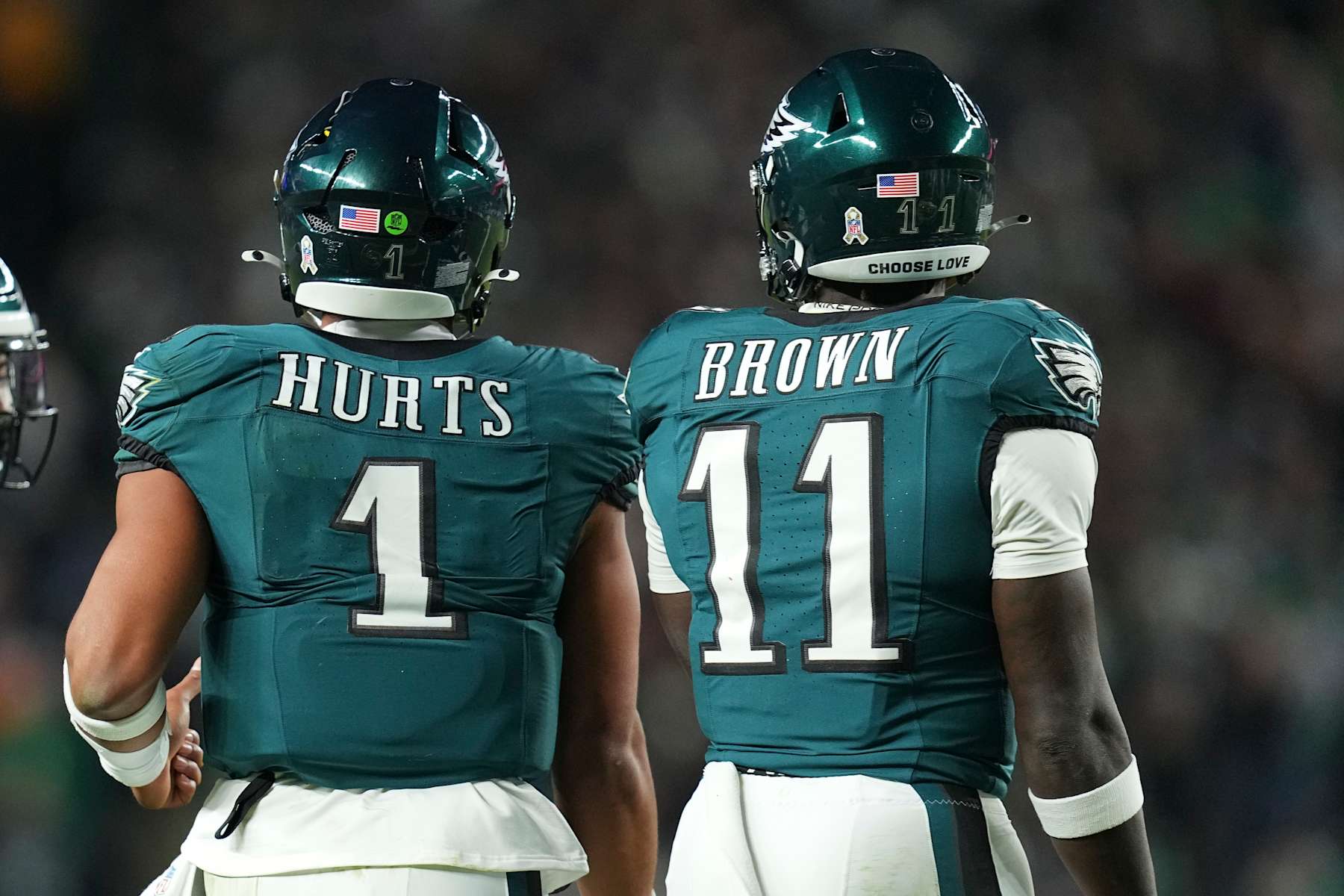 PHILADELPHIA, PENNSYLVANIA - NOVEMBER 14: Jalen Hurts #1 and A.J. Brown #11 of the Philadelphia Eagles looks on against the Washington Commanders at Lincoln Financial Field on November 14, 2024 in Philadelphia, Pennsylvania. (Photo by Mitchell Leff/Getty Images)
