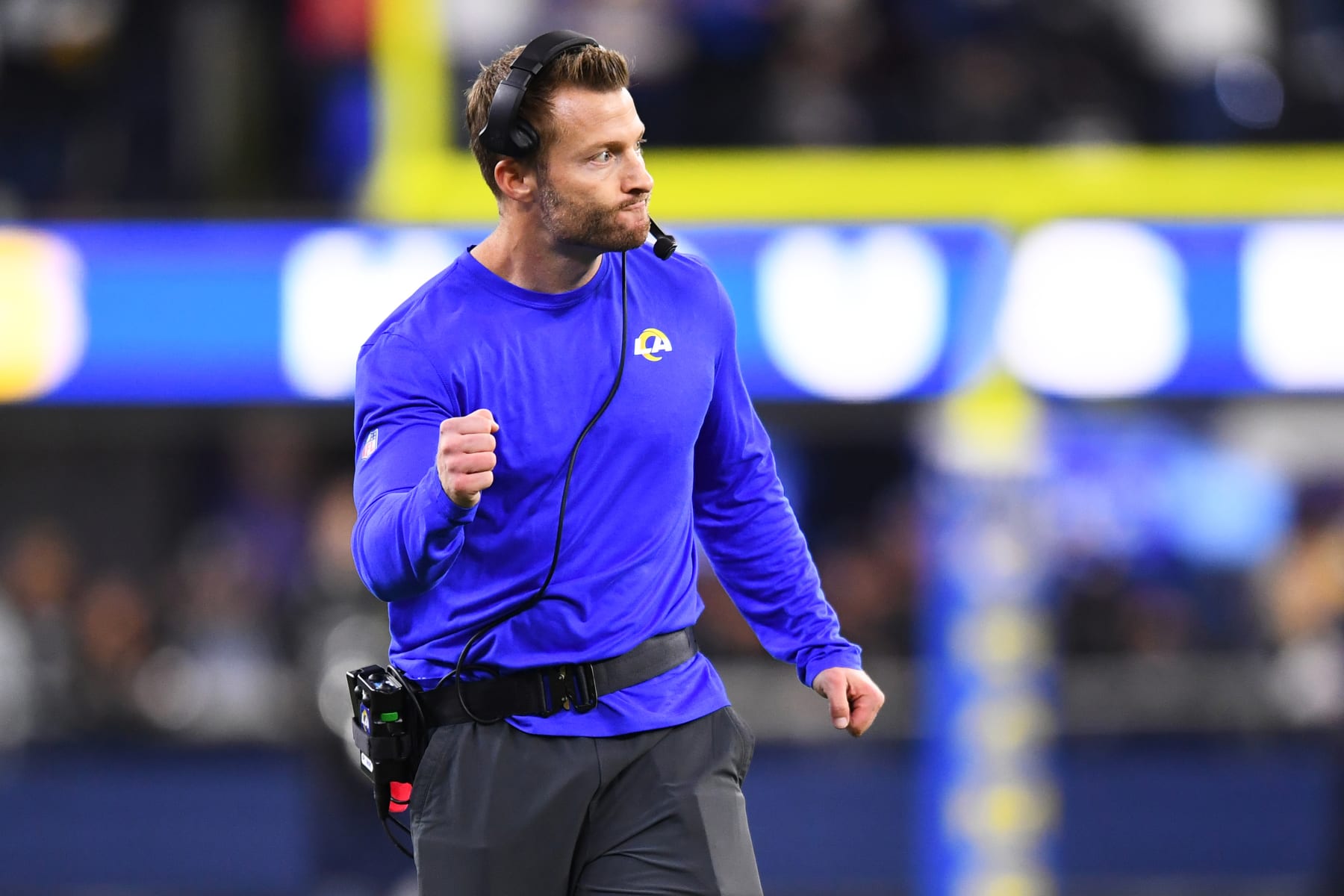 INGLEWOOD, CA - DECEMBER 08: Los Angeles Rams head coach Sean McVay celebrates after the game winning touchdown during the NFL game between the Las Vegas Raiders and the Los Angeles Rams on December 8, 2022, at SoFi Stadium in Inglewood, CA. (Photo by Brian Rothmuller/Icon Sportswire via Getty Images)