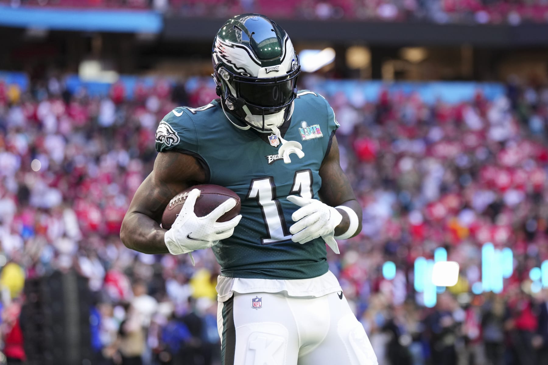 GLENDALE, AZ - FEBRUARY 12: A.J. Brown #11 of the Philadelphia Eagles warms up against the Kansas City Chiefs after Super Bowl LVII at State Farm Stadium on February 12, 2023 in Glendale, Arizona. The Chiefs defeated the Eagles 38-35. (Photo by Cooper Neill/Getty Images)