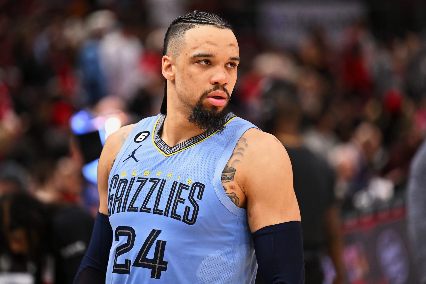CHICAGO, ILLINOIS - APRIL 02:  Dillon Brooks #24 of the Memphis Grizzlies in action against the Chicago Bulls on April 02, 2023 at United Center in Chicago, Illinois.   NOTE TO USER: User expressly acknowledges and agrees that, by downloading and or using this photograph, User is consenting to the terms and conditions of the Getty Images License Agreement.  (Photo by Jamie Sabau/Getty Images)