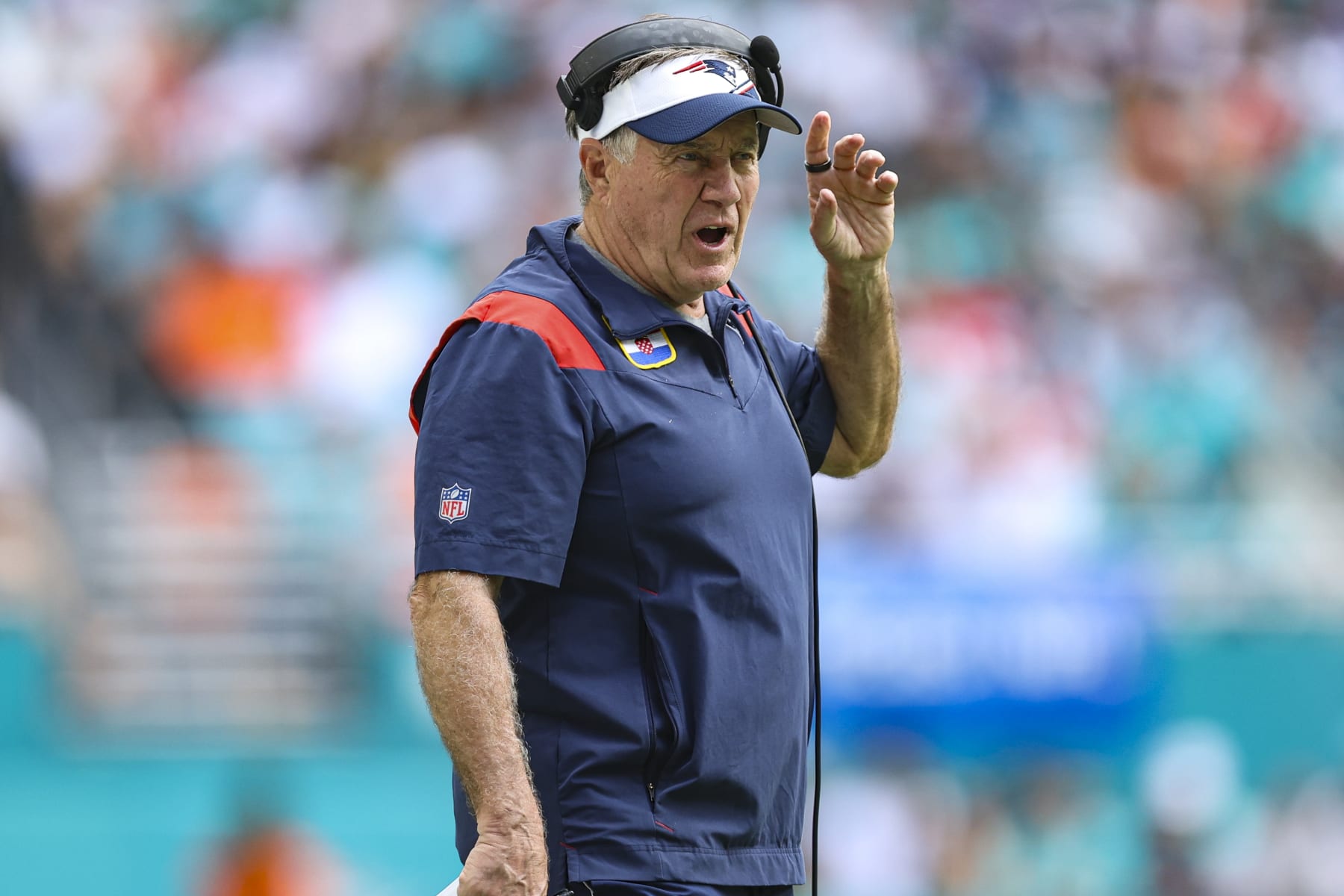 MIAMI GARDENS, FL - OCTOBER 29: Bill Belichick head coach of the New England Patriots looks on from the sideline during an NFL football game against the Miami Dolphins at Hard Rock Stadium on October 29, 2023 in Miami Gardens, Florida. (Photo by Perry Knotts/Getty Images)