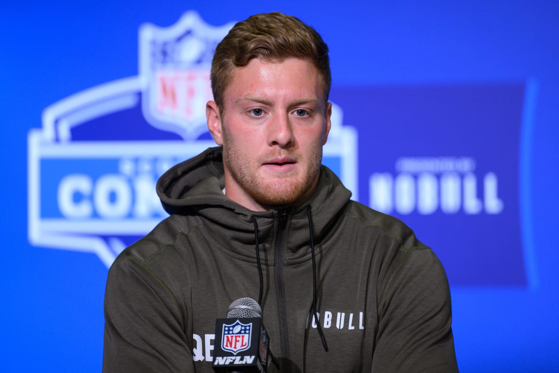 INDIANAPOLIS, IN - MARCH 03: Kentucky quarterback Will Levis answers questions from the media during the NFL Scouting Combine on March 3, 2023, at the Indiana Convention Center in Indianapolis, IN. (Photo by Zach Bolinger/Icon Sportswire via Getty Images)