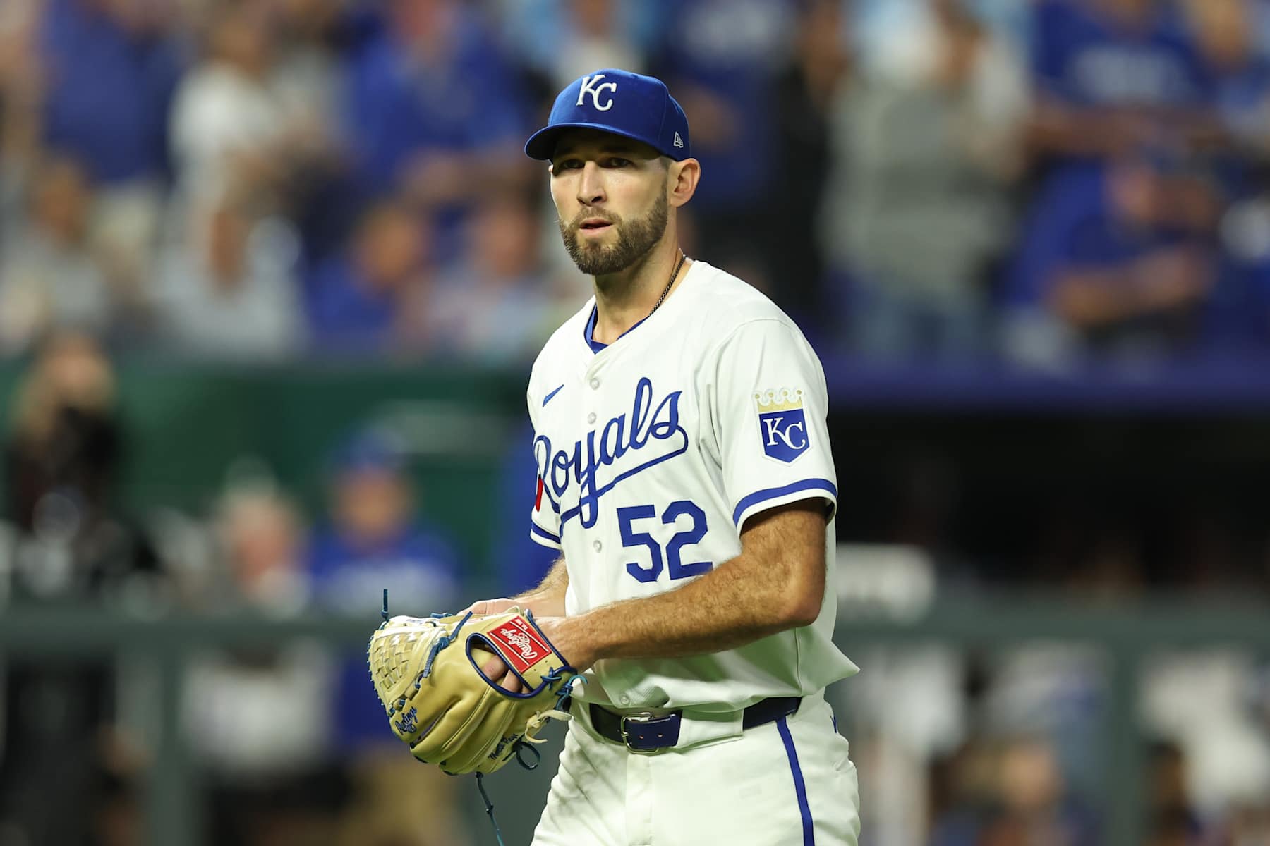 KANSAS CITY, MO - OCTOBER 10: Kansas City Royals pitcher Michael Wacha (52) walks to the dugout after the third inning of game 4 of the ALDS between the New York Yankees and Kansas City Royals on October 10, 2024 at Kauffman Stadium in Kansas City, MO. (Photo by Scott Winters/Icon Sportswire via Getty Images)