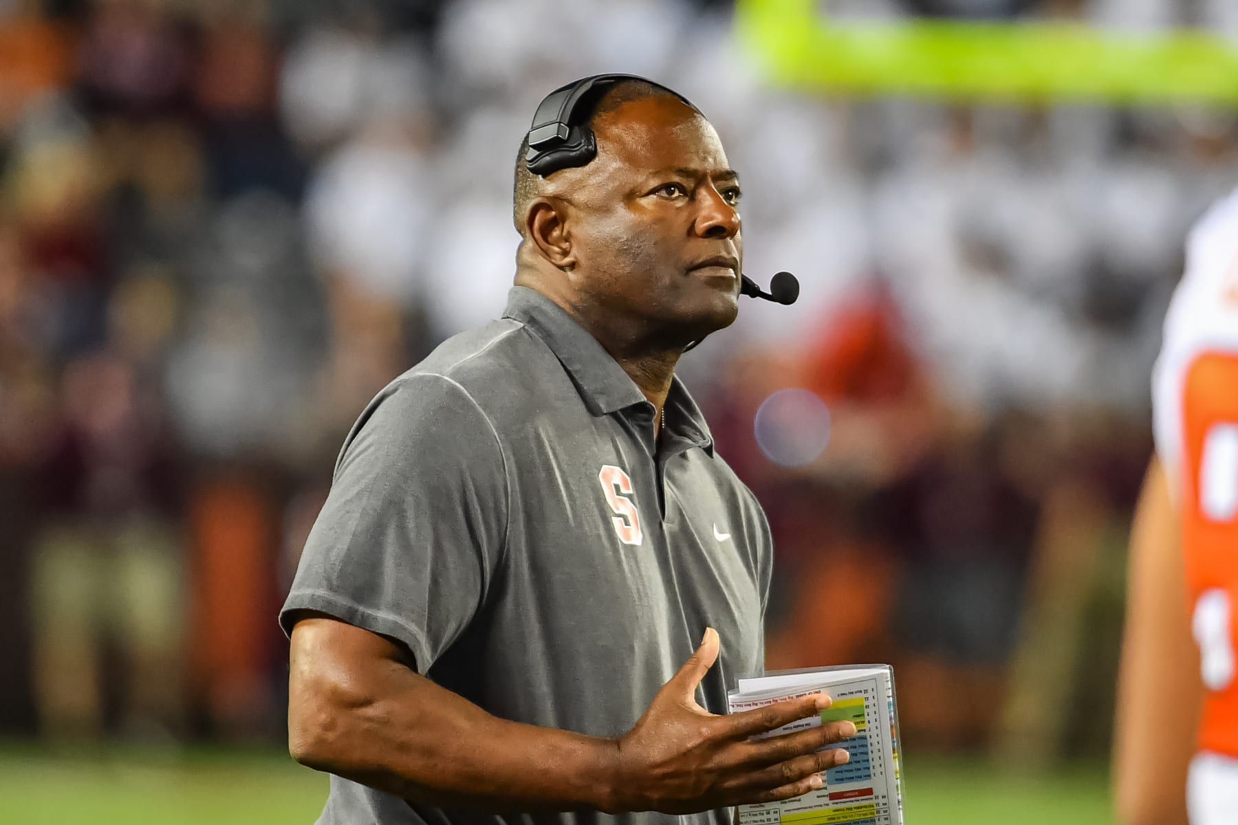 BLACKSBURG, VA - OCTOBER 26:  Syracuse Orange head coach Dino Babers during a college football game between the Syracuse Orange and the Virginia Tech Hokies on October 26, 2023  at Lane Stadium in Blacksburg, VA. (Photo by Brian Bishop/Icon Sportswire via Getty Images)