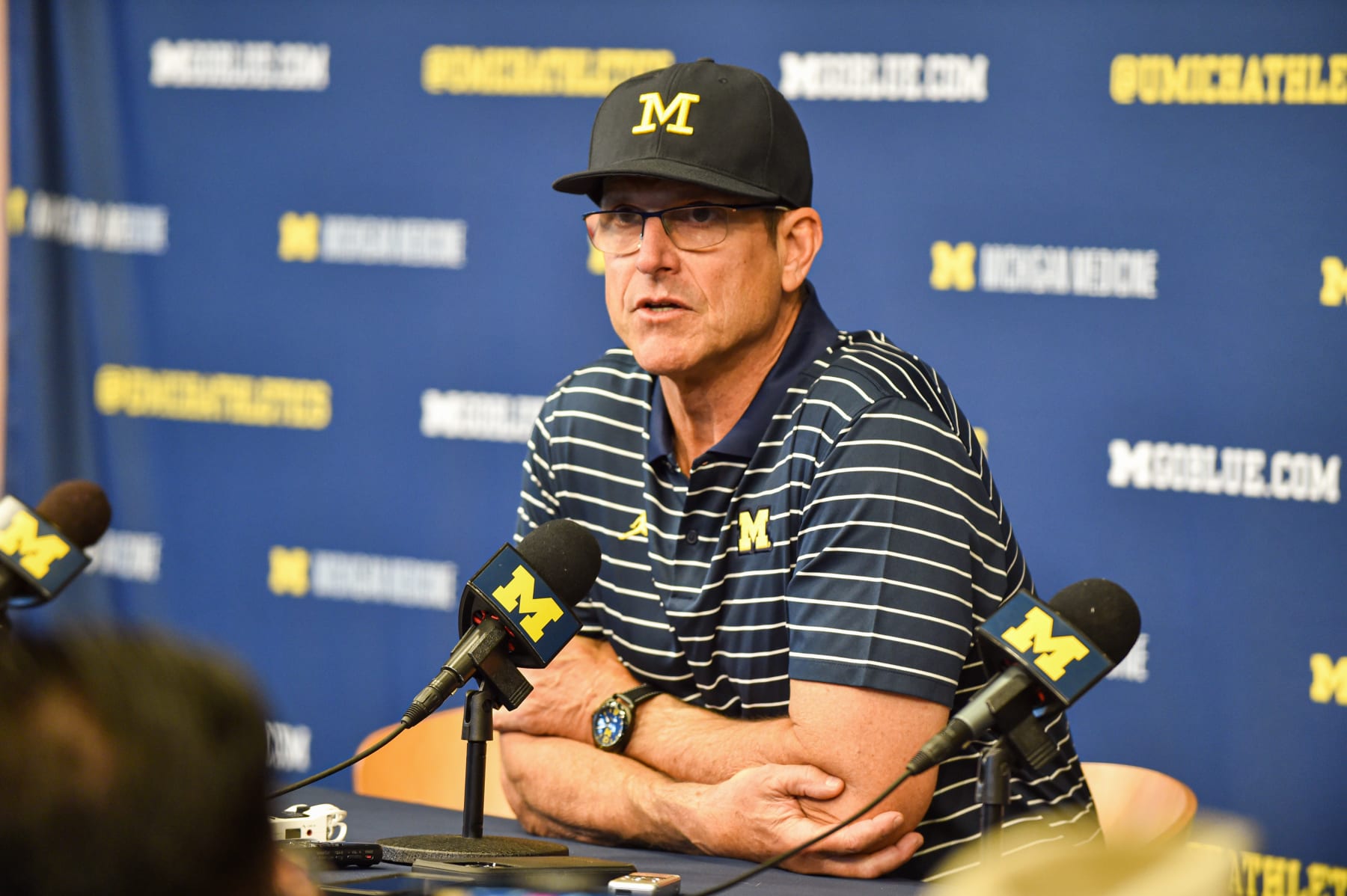 ANN ARBOR, MICHIGAN - OCTOBER 15: Head Football Coach Jim Harbaugh of the Michigan Wolverines speaks to press after a college football game against the Penn State Nittany Lions at Michigan Stadium on October 15, 2022 in Ann Arbor, Michigan. The Michigan Wolverines won the game 41-17 over the Penn State Nittany Lions. (Photo by Aaron J. Thornton/Getty Images)
