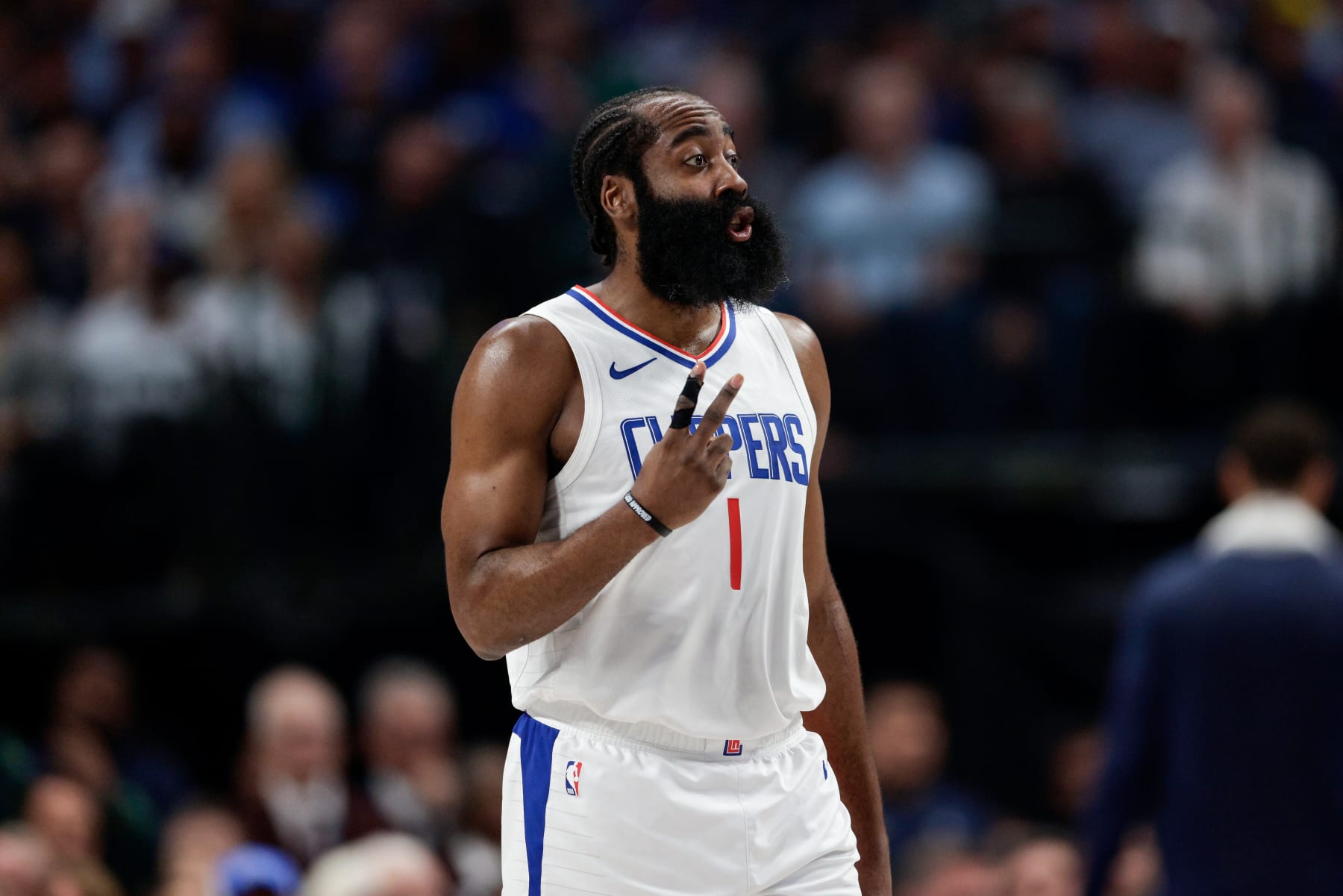 DALLAS, TEXAS - APRIL 28: James Harden #1 of the Los Angeles Clippers reacts in the first half of game four of the Western Conference First Round Playoffs \ad at American Airlines Center on April 28, 2024 in Dallas, Texas.  NOTE TO USER: User expressly acknowledges and agrees that, by downloading and or using this photograph, User is consenting to the terms and conditions of the Getty Images License Agreement. (Photo by Tim Warner/Getty Images)