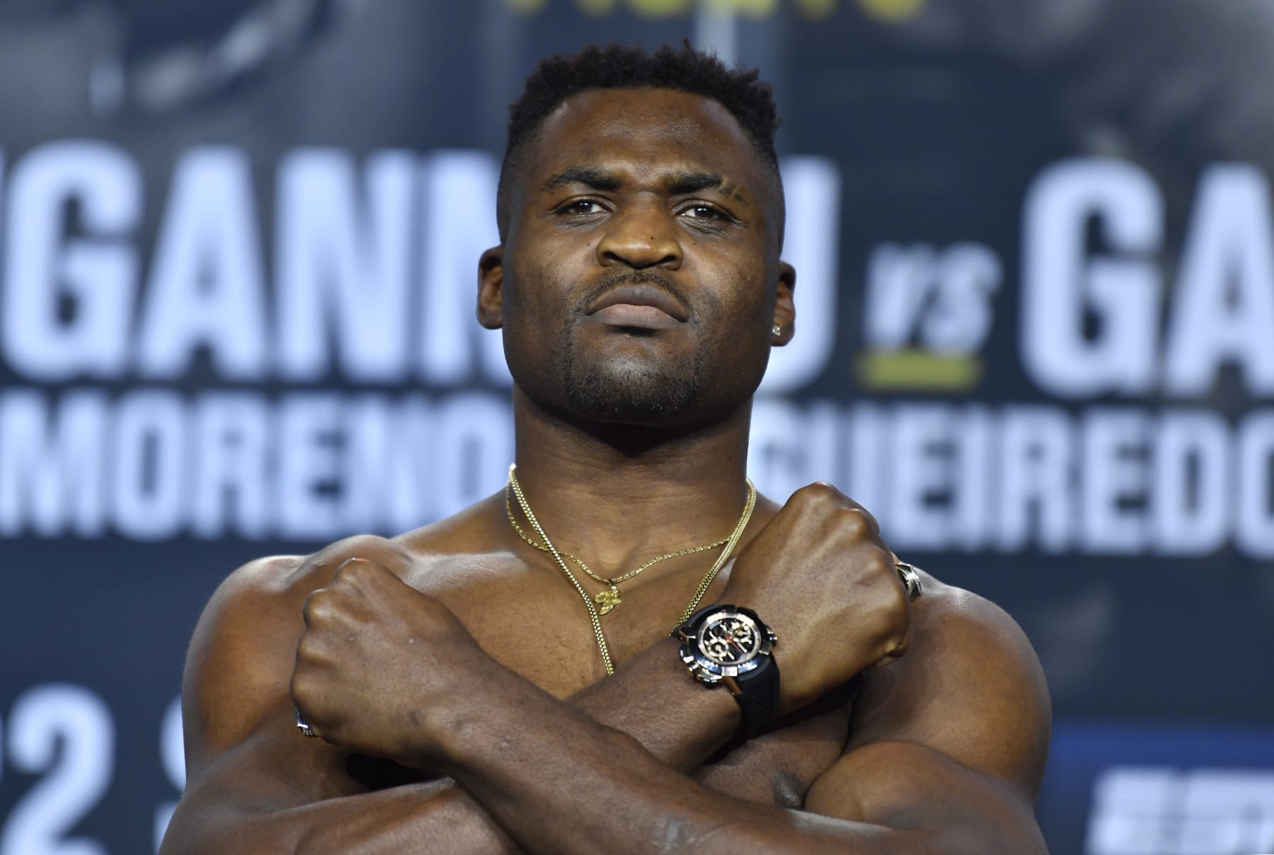 ANAHEIM, CALIFORNIA - JANUARY 21: Francis Ngannou of Cameroon poses on the scale during the UFC 270 ceremonial weigh-in at the Anaheim Convention Center on January 21, 2022 in Anaheim, California. (Photo by Chris Unger/Zuffa LLC)