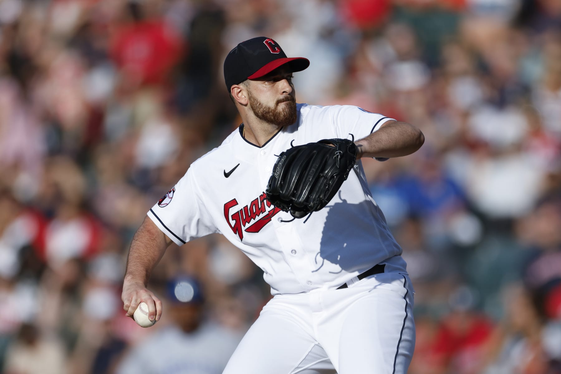 CLEVELAND, OH - JULY 07: Aaron Civale #43 of the Cleveland Guardians pitches during the first inning against the Kansas City Royals at Progressive Field on July 07, 2023 in Cleveland, Ohio. (Photo by Ron Schwane/Getty Images)