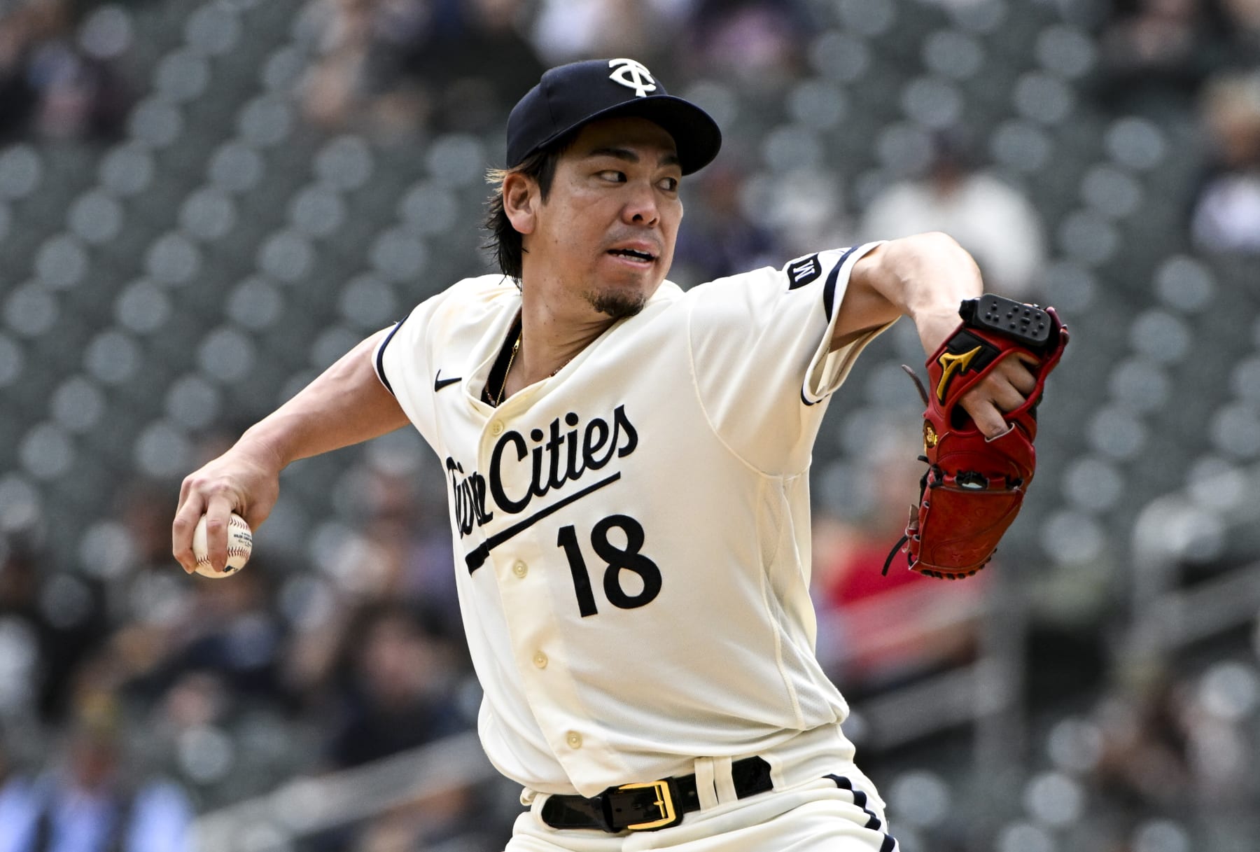 MINNEAPOLIS, MINNESOTA - SEPTEMBER 28: Kenta Maeda #18 of the Minnesota Twins pitches the ball in the fifth inning of the game against the Oakland Athletics at Target Field on September 28, 2023 in Minneapolis, Minnesota. (Photo by Stephen Maturen/Getty Images)