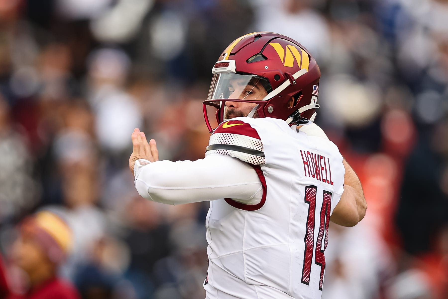 LANDOVER, MD - JANUARY 07: Sam Howell #14 of the Washington Commanders throws before the game against the Dallas Cowboys at FedExField on January 7, 2024 in Landover, Maryland. (Photo by Scott Taetsch/Getty Images)