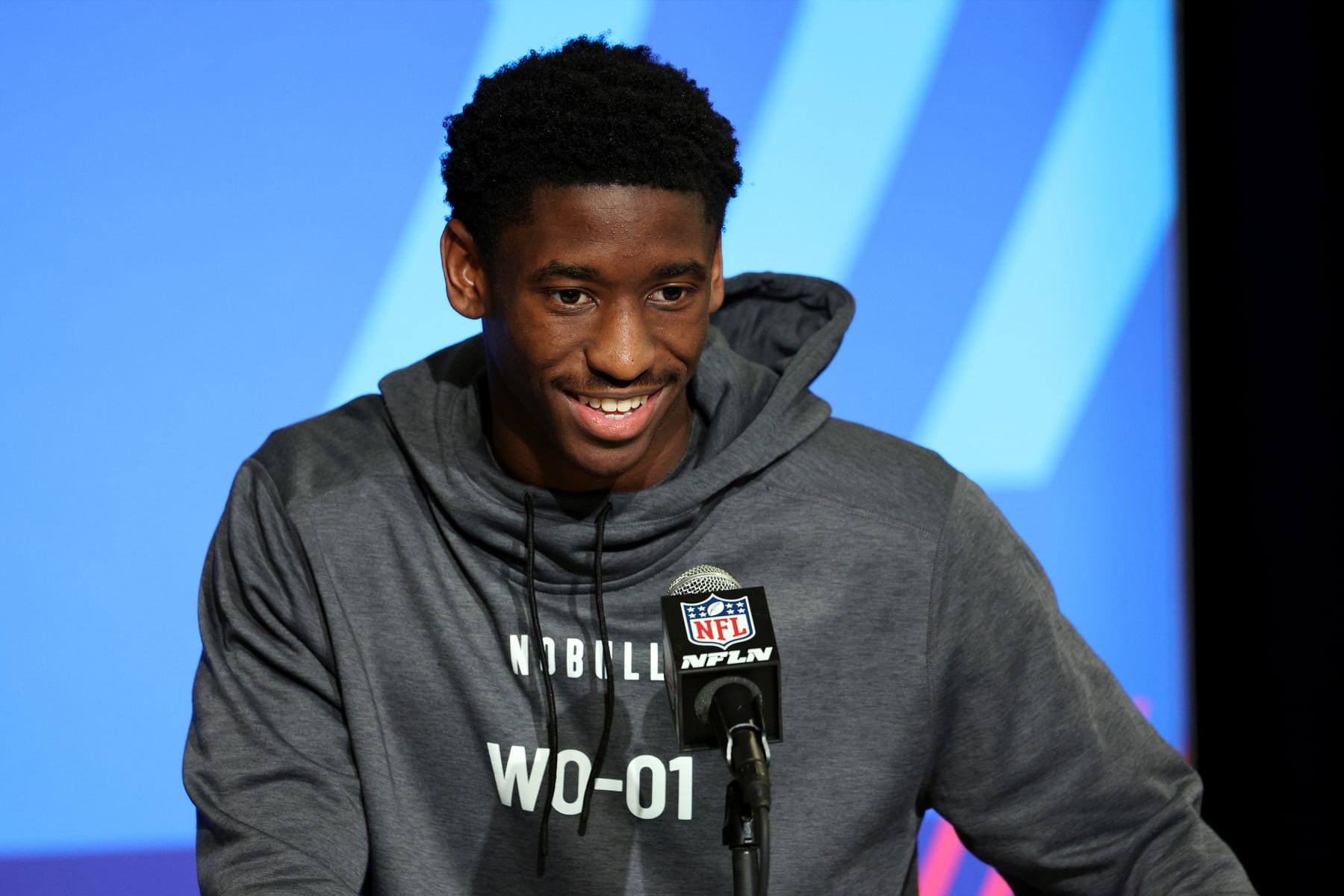 INDIANAPOLIS, INDIANA - MARCH 03: Jordan Addison of Southern California speaks to the media during the NFL Combine at Lucas Oil Stadium on March 03, 2023 in Indianapolis, Indiana. (Photo by Michael Hickey/Getty Images)