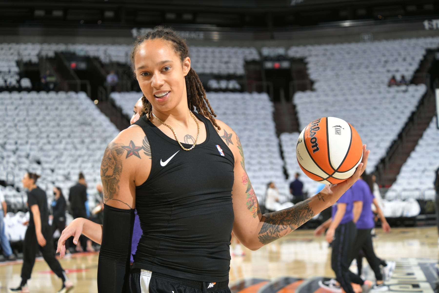 PHOENIX, AZ - OCTOBER 10: Brittney Griner #42 of the Phoenix Mercury warms up before the game against the Chicago Sky during Game One of the 2021 WNBA Finals on October 10, 2021 at Footprint in Phoenix, Arizona. NOTE TO USER: User expressly acknowledges and agrees that, by downloading and or using this photograph, user is consenting to the terms and conditions of the Getty Images License Agreement. Mandatory Copyright Notice: Copyright 2021 NBAE (Photo by Michael Gonzales/NBAE via Getty Images)