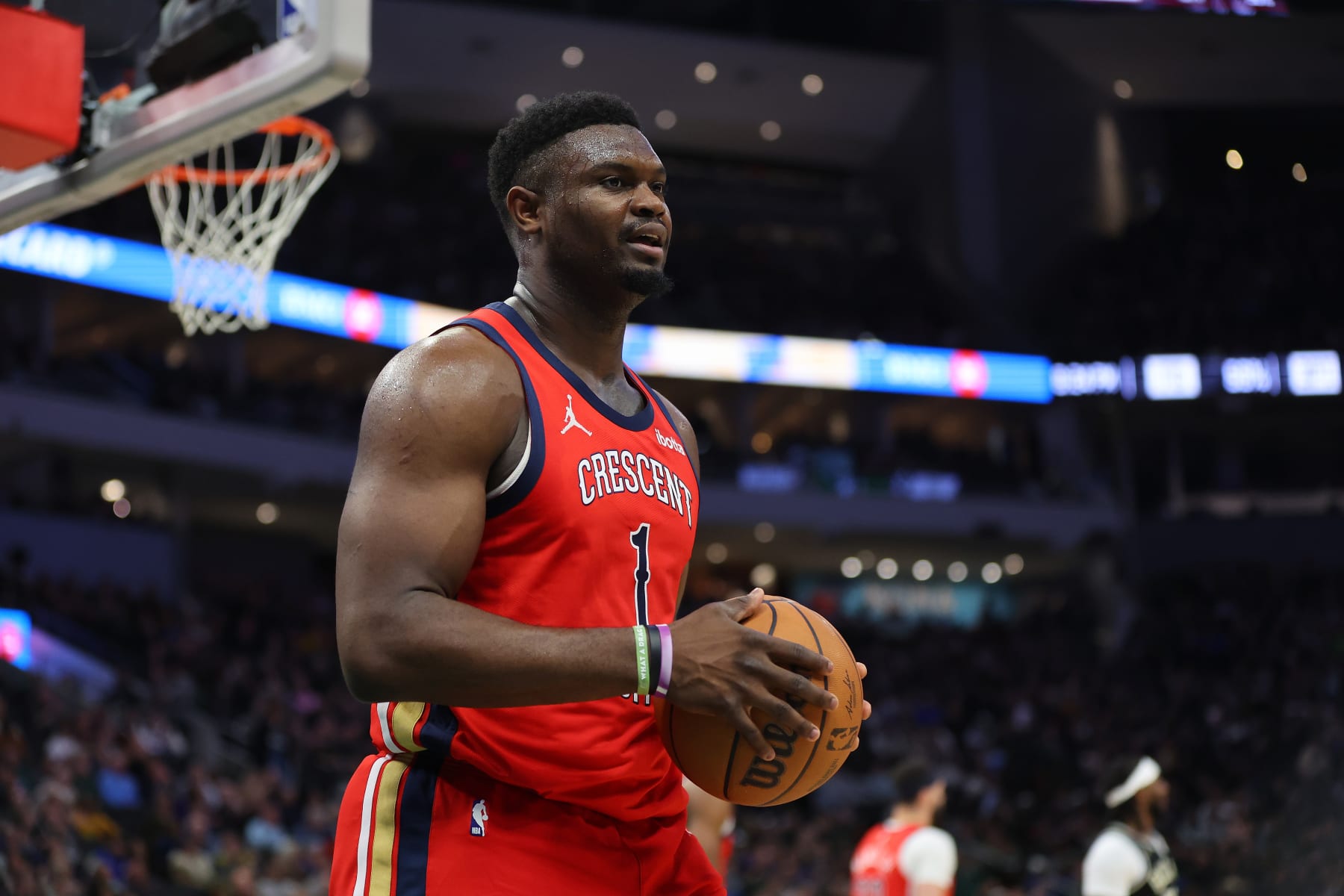 MILWAUKEE, WISCONSIN - JANUARY 27: Zion Williamson #1 of the New Orleans Pelicans reacts to an officials call during a game against the Milwaukee Bucks at Fiserv Forum on January 27, 2024 in Milwaukee, Wisconsin. NOTE TO USER: User expressly acknowledges and agrees that, by downloading and or using this photograph, User is consenting to the terms and conditions of the Getty Images License Agreement. (Photo by Stacy Revere/Getty Images)