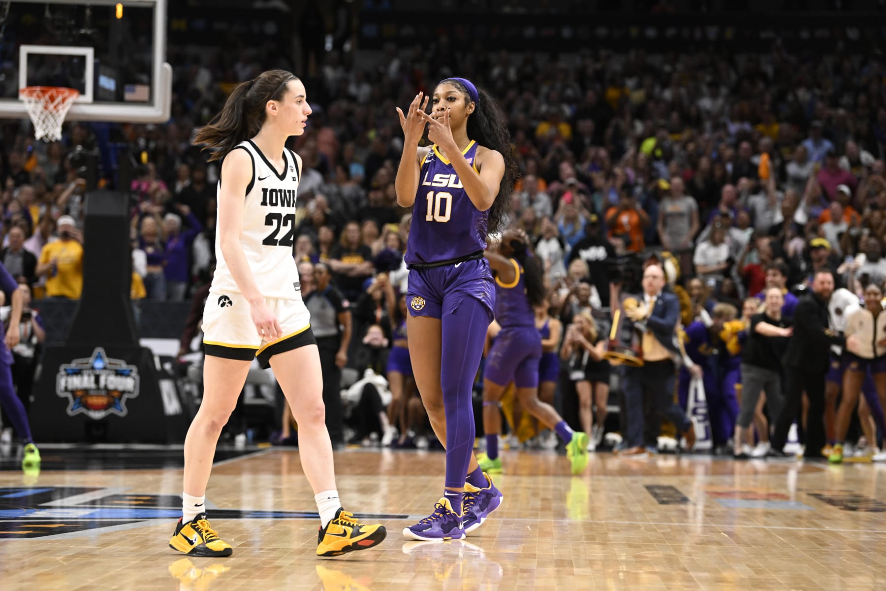 College Basketball: NCAA Finals: LSU Angel Reese (10) taunting Iowa Caitlin Clark (22) and pointing to her ring finger after winning championship game vs Iowa at American Airlines Arena
Dallas, TX 4/2/2023
CREDIT: Greg Nelson (Photo by Greg Nelson /Sports Illustrated via Getty Images) 
(Set Number: X164332 TK2)