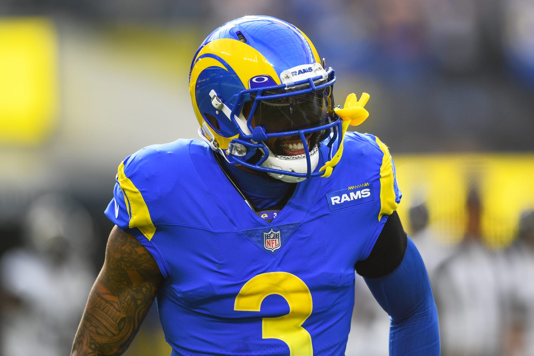 INGLEWOOD, CA - DECEMBER 05: Los Angeles Rams Wide Receiver Odell Beckham (3) looks on during the NFL game between the Jacksonville Jaguars and the Los Angeles Rams on December 5, 2021, at SoFi Stadium in Inglewood, CA. (Photo by Brian Rothmuller/Icon Sportswire via Getty Images)