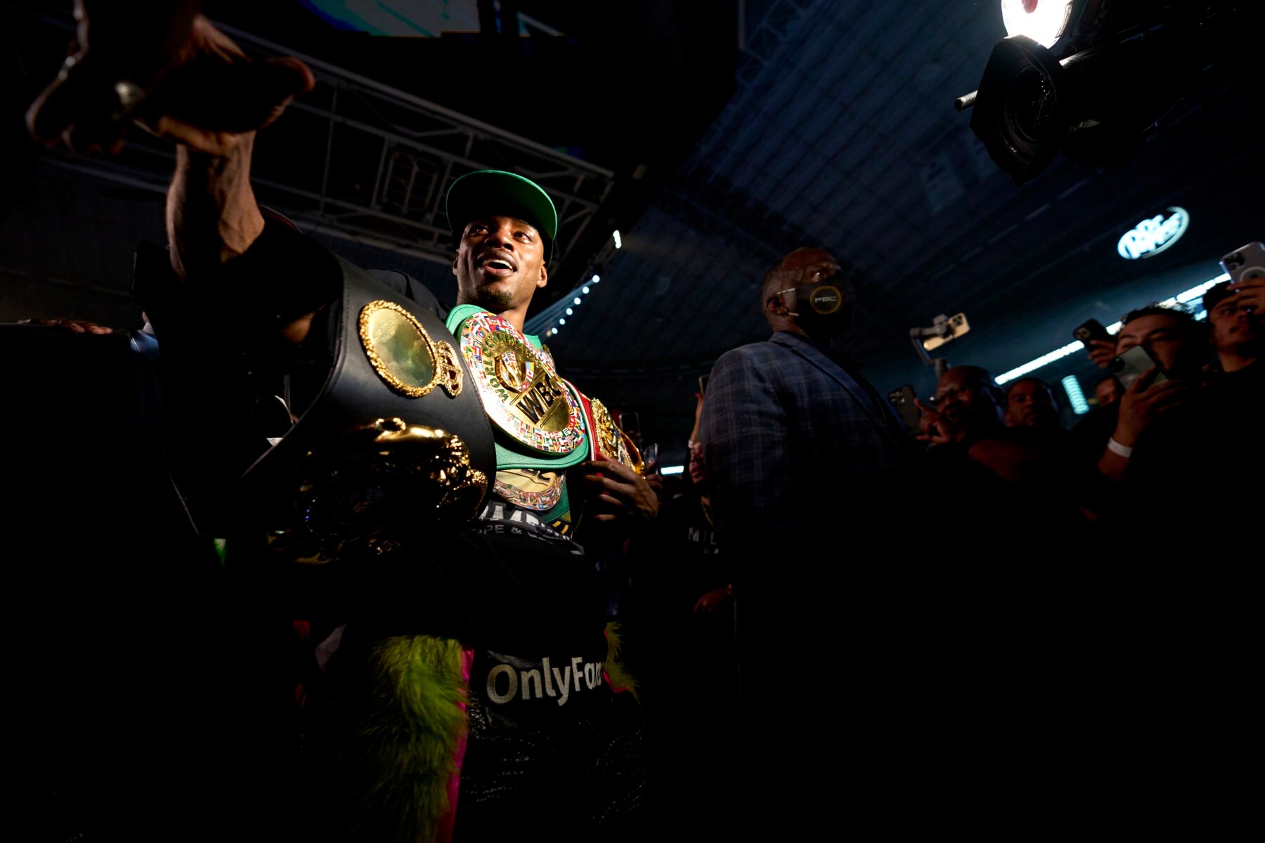 ARLINGTON, TX - APRIL 16:  Errol Spence Jr. celebrates after defeating Yordenis Ugas at AT&T Stadium on April 16, 2022 in Arlington, Texas.  (Photo by Cooper Neill/Getty Images)