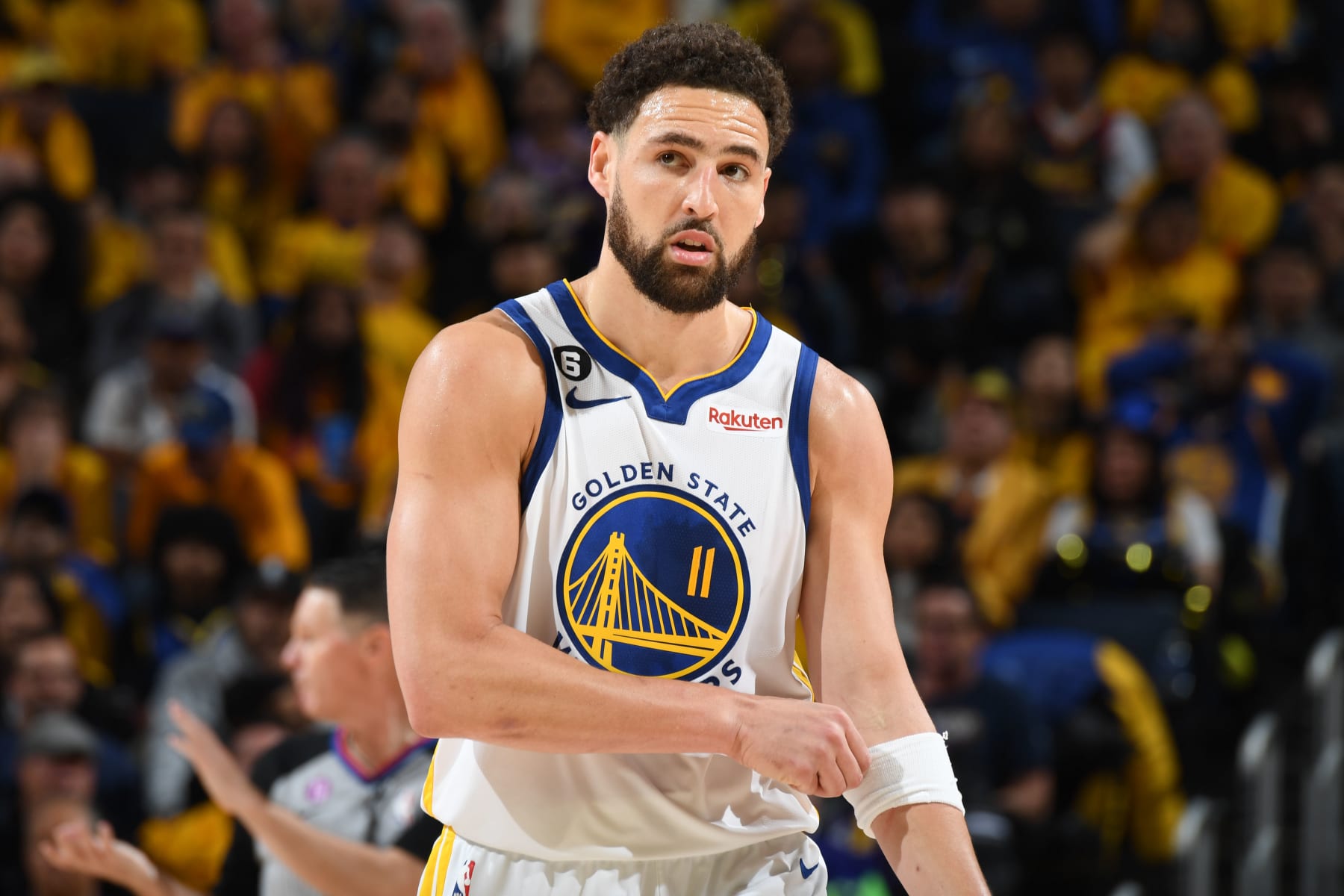 SAN FRANCISCO, CA - MAY 4: Klay Thompson #11 of the Golden State Warriors looks on during the game against the Los Angeles Lakers during the Western Conference Semi Finals of the 2023 NBA Playoffs on May 4, 2023 at Chase Center in San Francisco, California. NOTE TO USER: User expressly acknowledges and agrees that, by downloading and/or using this Photograph, user is consenting to the terms and conditions of the Getty Images License Agreement. Mandatory Copyright Notice: Copyright 2023 NBAE (Photo by Andrew D. Bernstein/NBAE via Getty Images)