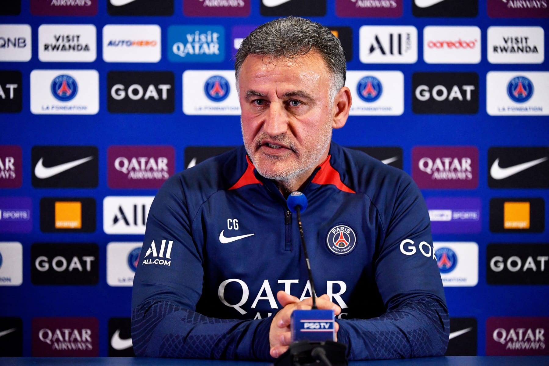 Paris Saint-Germain's French head coach Christophe Galtier holds a press conference at the club's "Camp des Loges" training grounds in Saint-Germain-en-Laye, norhthwest Paris on May 19, 2023. (Photo by JULIEN DE ROSA / AFP) (Photo by JULIEN DE ROSA/AFP via Getty Images)