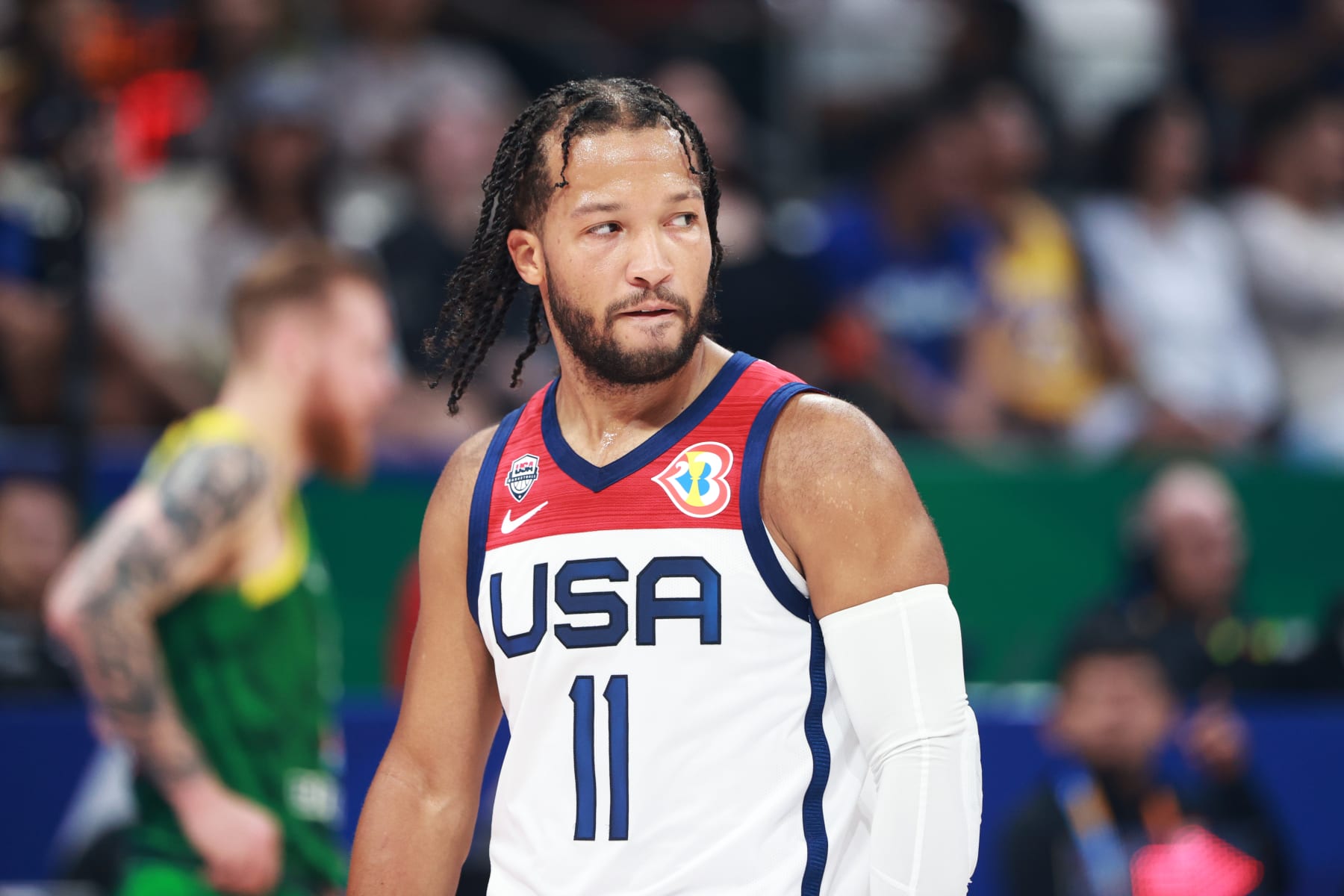 MANILA, PHILIPPINES - SEPTEMBER 3: Jalen Brunson #11 of the USA Men's Senior National Team looks on during the game against Lithuania in the third round as part of the 2023 FIBA World Cup on September 3, 2023 at Mall of Asia Arena in Manila, Philippines. NOTE TO USER: User expressly acknowledges and agrees that, by downloading and/or using this photograph, user is consenting to the terms and conditions of the Getty Images License Agreement. Mandatory Copyright Notice: Copyright 2023 NBAE (Photo by Nathaniel S. Butler/NBAE via Getty Images)