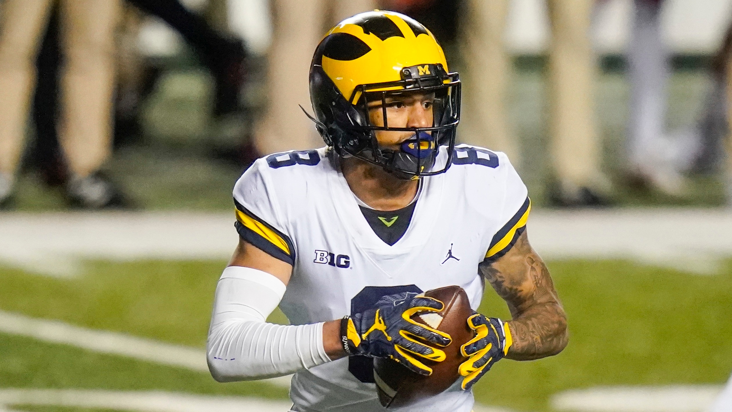 Michigan's Ronnie Bell (8) during the second half of an NCAA college football game against Rutgers Saturday, Nov. 21, 2020, in Piscataway, N.J. Michigan won 48-42. (AP Photo/Frank Franklin II)