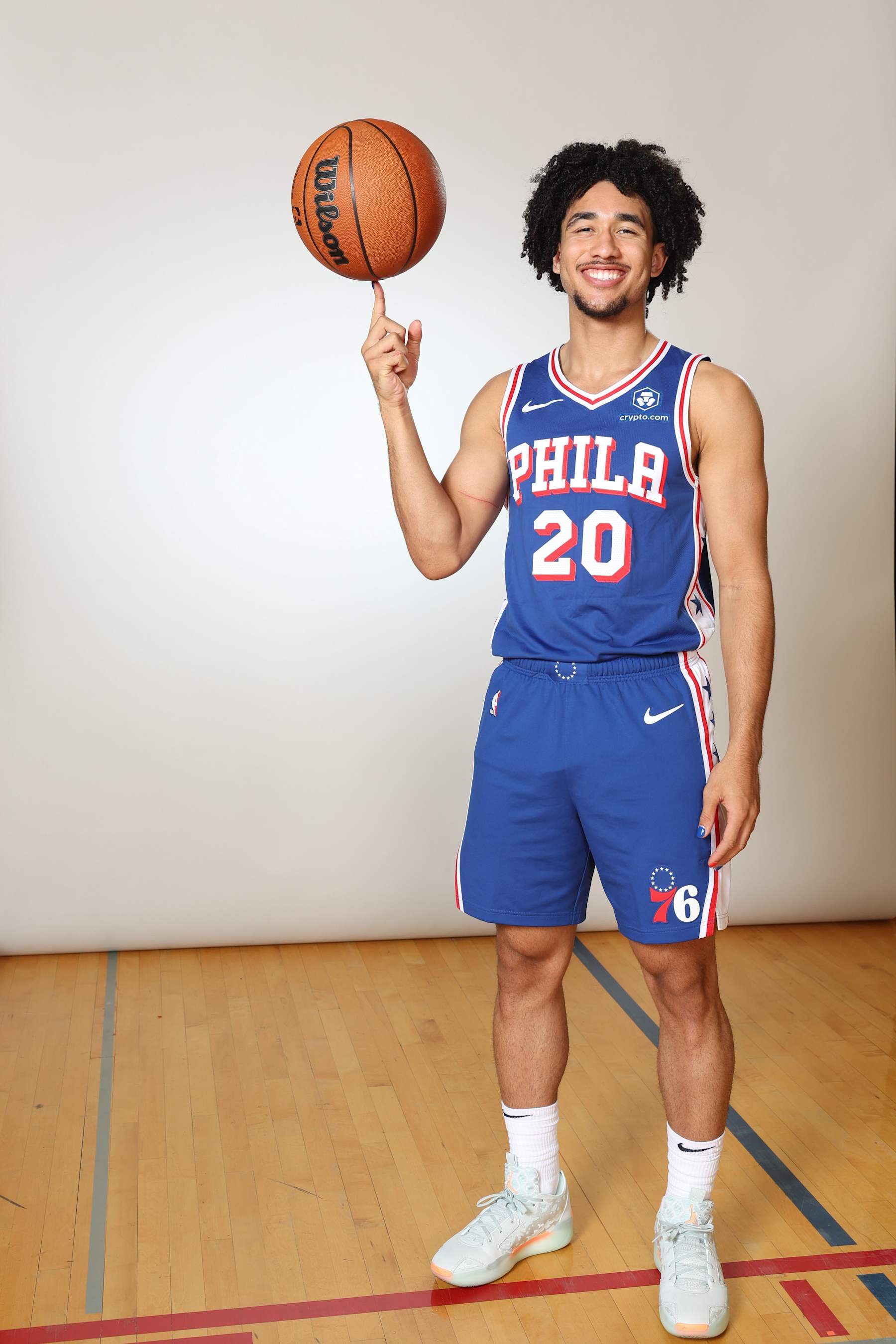 LAS VEGAS, NEVADA - JULY 17: Jared McCain #20 of the Philadelphia 76ers poses for a portrait during the 2024 NBA Rookie Photo Shoot at UNLV on July 17, 2024 in Las Vegas, Nevada.  (Photo by Monica Schipper/Getty Images)