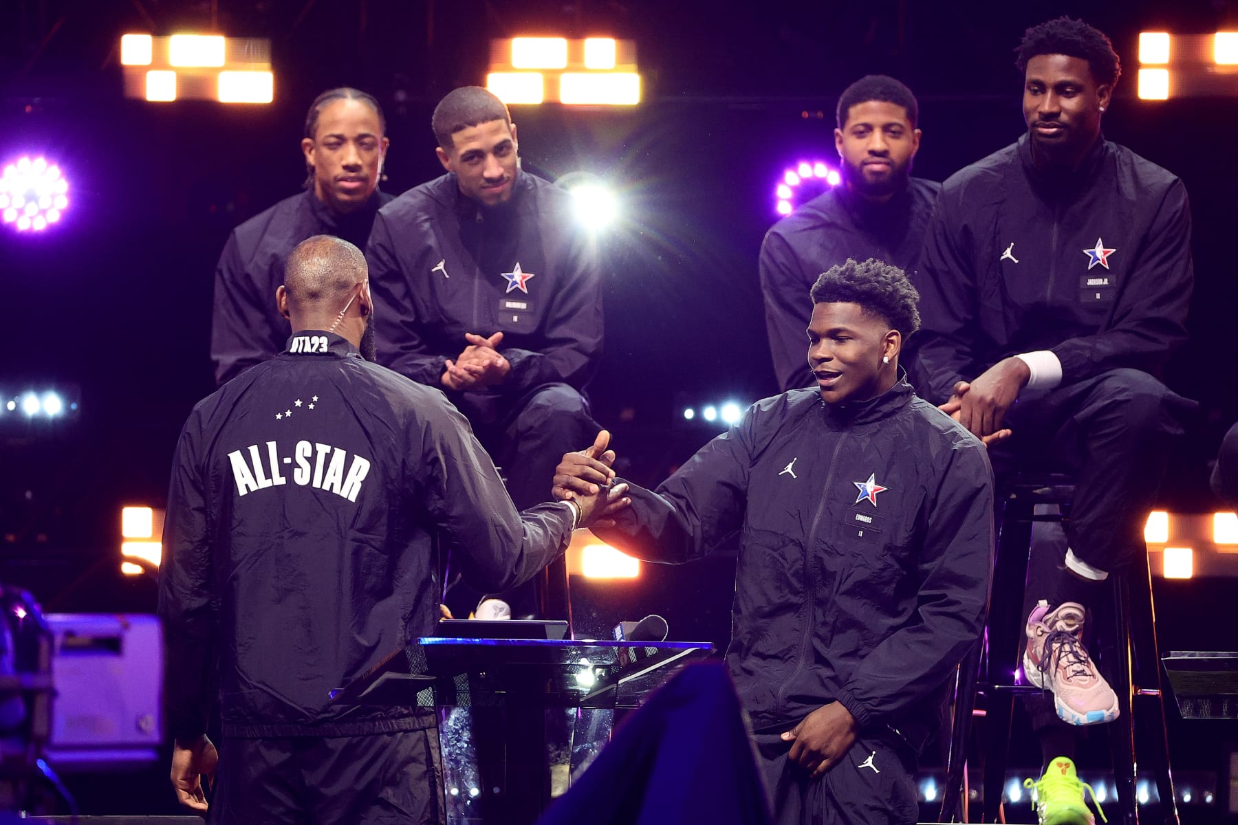 SALT LAKE CITY, UTAH - FEBRUARY 19: Anthony Edwards of the Minnesota Timberwolves celebrates with LeBron James prior to the 2023 NBA All Star Game between Team Giannis and Team LeBron at Vivint Arena on February 19, 2023 in Salt Lake City, Utah. NOTE TO USER: User expressly acknowledges and agrees that, by downloading and or using this photograph, User is consenting to the terms and conditions of the Getty Images License Agreement. (Photo by Tim Nwachukwu/Getty Images)