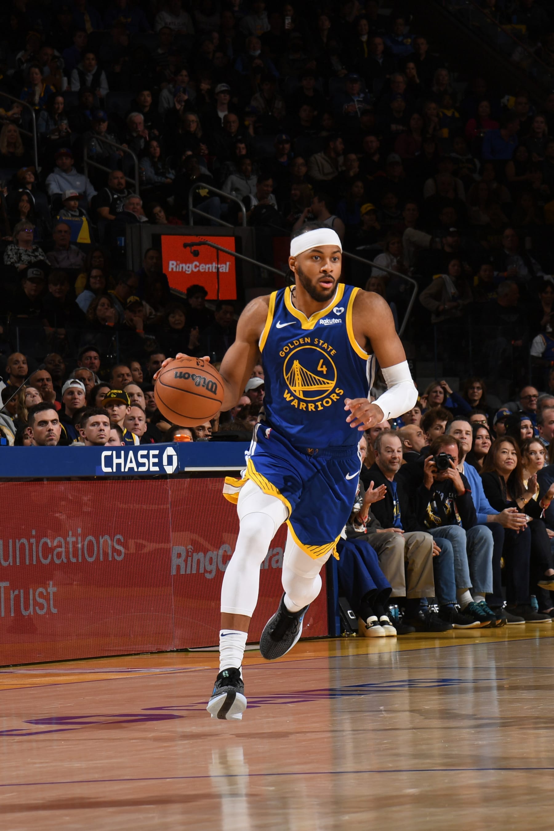 SAN FRANCISCO, CA - MARCH 9: Moses Moody #4 of the Golden State Warriors dribbles the ball during the game against the San Antonio Spurs on MARCH 9, 2024 at Chase Center in San Francisco, California. NOTE TO USER: User expressly acknowledges and agrees that, by downloading and or using this photograph, user is consenting to the terms and conditions of Getty Images License Agreement. Mandatory Copyright Notice: Copyright 2024 NBAE (Photo by Noah Graham/NBAE via Getty Images)