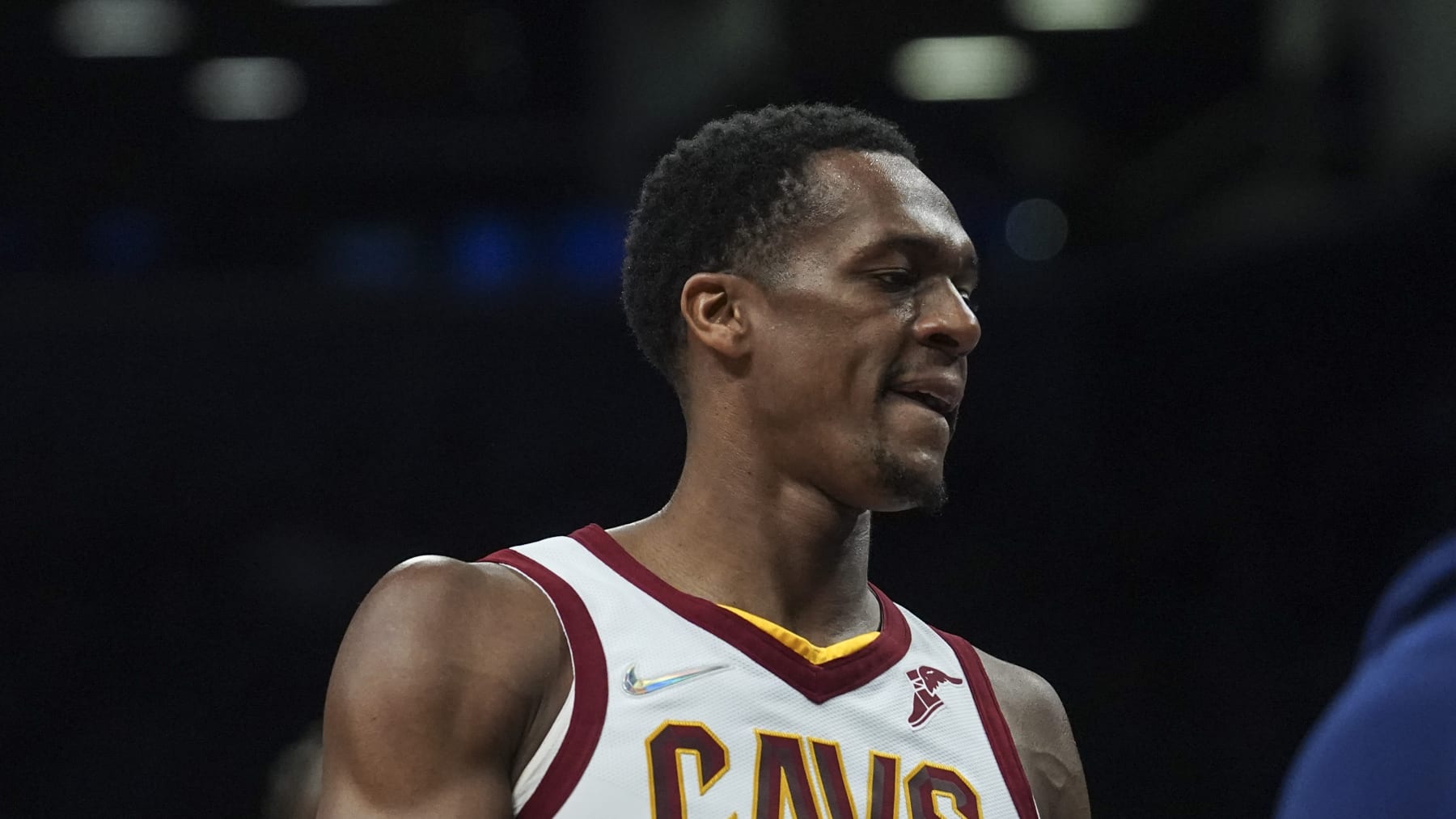 Cleveland Cavaliers guard Rajon Rondo (1) during NBA game against Brooklyn Nets, Friday April 8, 2022, in New York. (AP Photo/Bebeto Matthews)