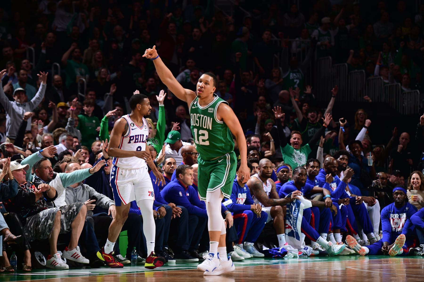 BOSTON, MA - MAY 3: Grant Williams #12 of the Boston Celtics shoots a three point basket during Game Two of the Eastern Conference Semi-Finals 2023 NBA Playoffs on May 3, 2023 at the TD Garden in Boston, Massachusetts. NOTE TO USER: User expressly acknowledges and agrees that, by downloading and or using this photograph, User is consenting to the terms and conditions of the Getty Images License Agreement. Mandatory Copyright Notice: Copyright 2023 NBAE  (Photo by Brian Babineau/NBAE via Getty Images)