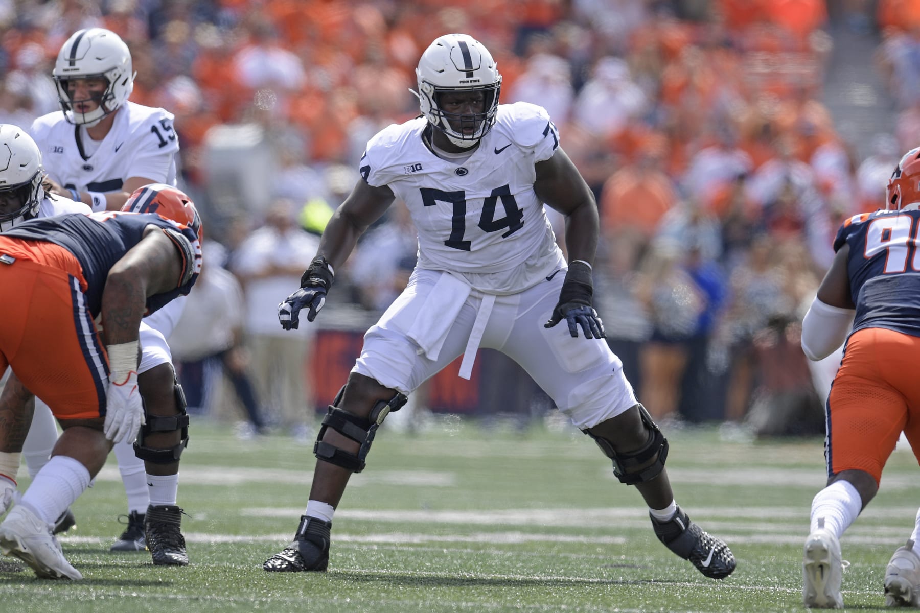 CHAMPAIGN, IL - SEPTEMBER 16: Penn State Nittany Lions Offensive Lineman Olumuyiwa Fashanu (74) during the college football game between the Penn State Nittany Lions and the Illinois Fighting Illini on September 16, 2023, at Memorial Stadium in Champaign, Illinois. (Photo by Michael Allio/Icon Sportswire via Getty Images)