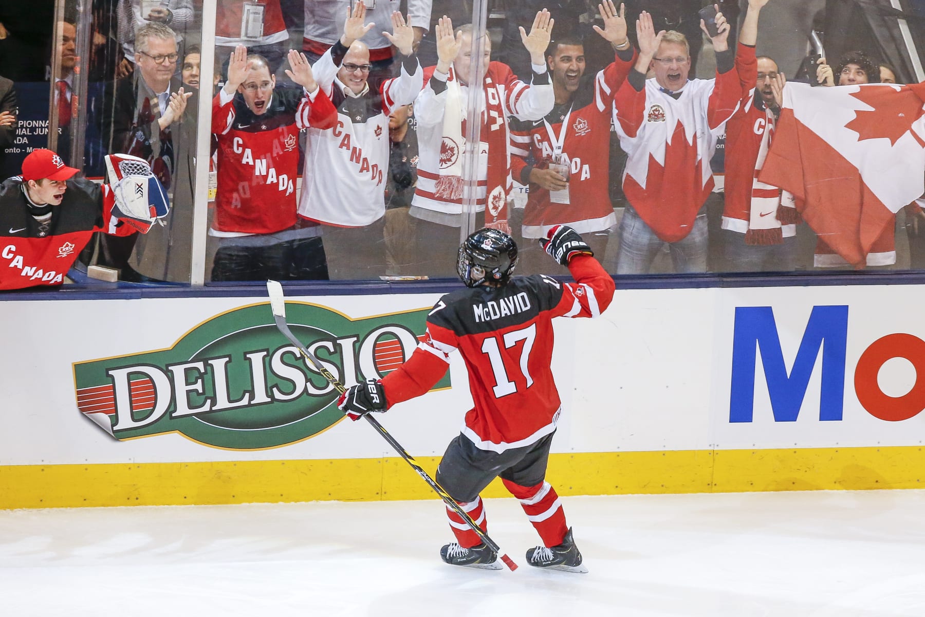 January 05 2015: Connor McDavid (17) of Team Canada celebrates goal during Canada's 5-4 win over Russia at Gold Medal game at Air Canada Centre in Toronto, Canada. (Photo by John Crouch/Icon Sportswire/Corbis/Icon Sportswire via Getty Images)