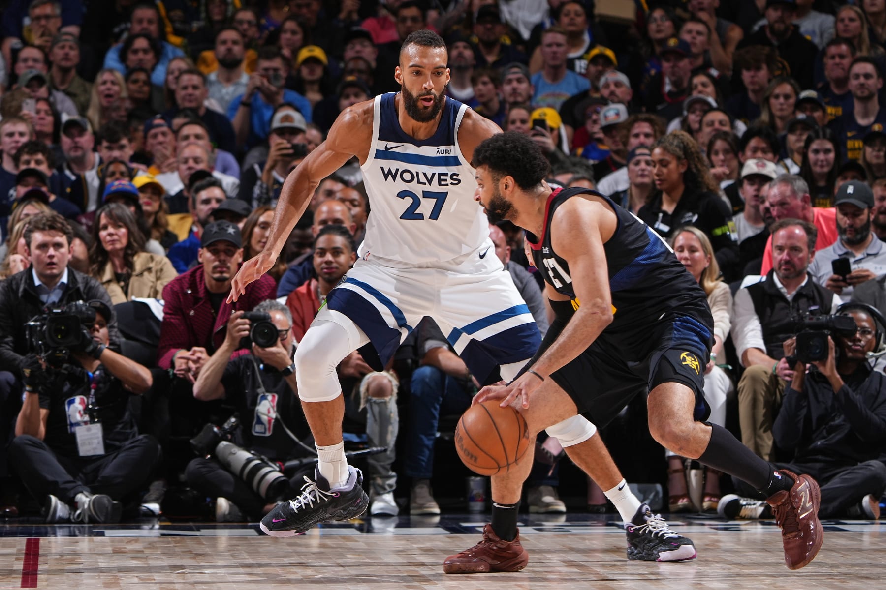 DENVER, CO - MAY 14: Rudy Gobert #27 of the Minnesota Timberwolves plays defense during the game against the Denver Nuggets during Round 2 Game 5 of the of the 2024 NBA Playoffs on May 14, 2024 at the Ball Arena in Denver, Colorado. NOTE TO USER: User expressly acknowledges and agrees that, by downloading and/or using this Photograph, user is consenting to the terms and conditions of the Getty Images License Agreement. Mandatory Copyright Notice: Copyright 2024 NBAE (Photo by Garrett Ellwood/NBAE via Getty Images)