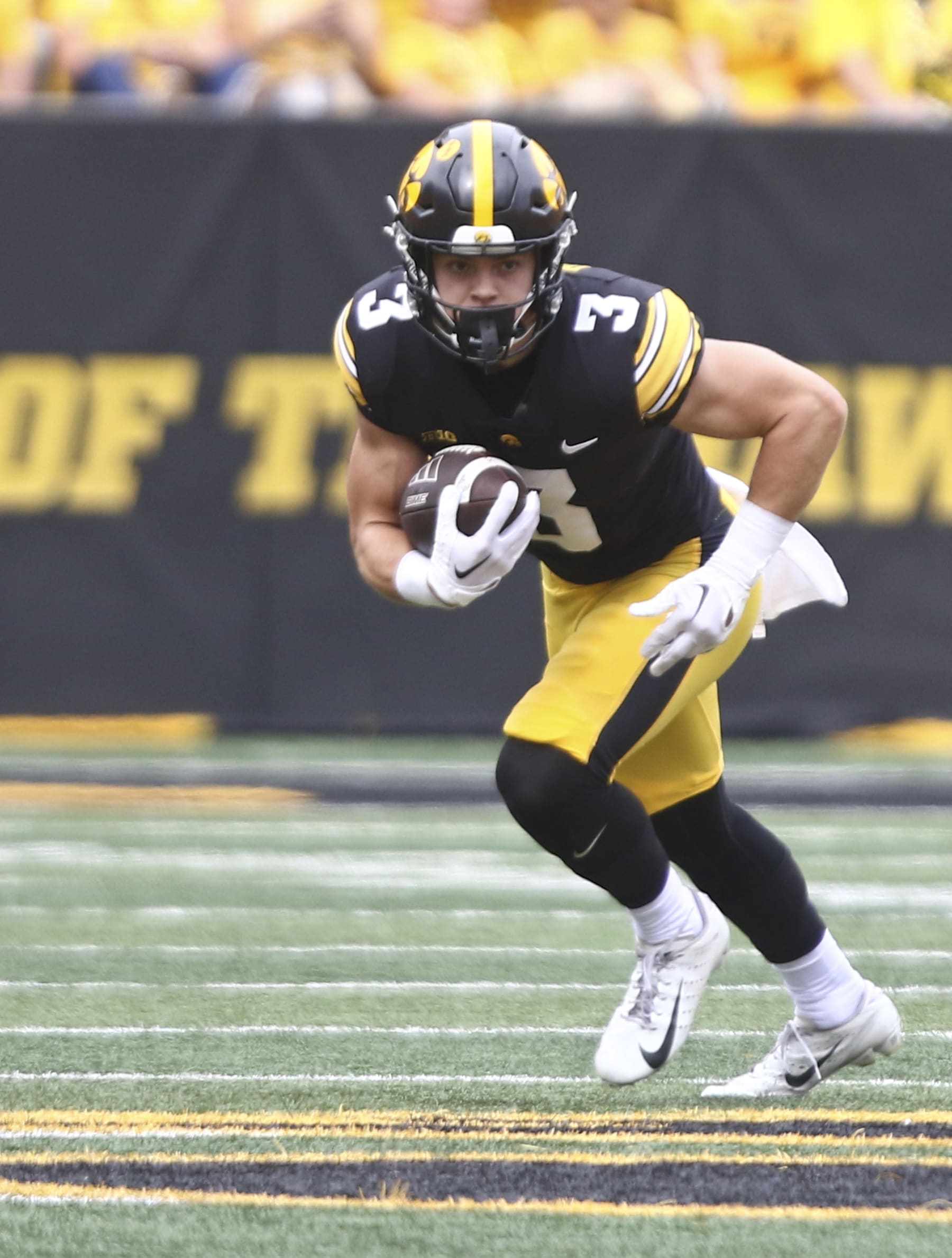 IOWA CITY, IOWA- SEPTEMBER 16:  Defensive back Cooper DeJean #3 of the Iowa Hawkeyes runs back a kick during the first half against the Western Michigan Broncos at Kinnick Stadium on September 16, 2023 in Iowa City, Iowa.  (Photo by Matthew Holst/Getty Images)