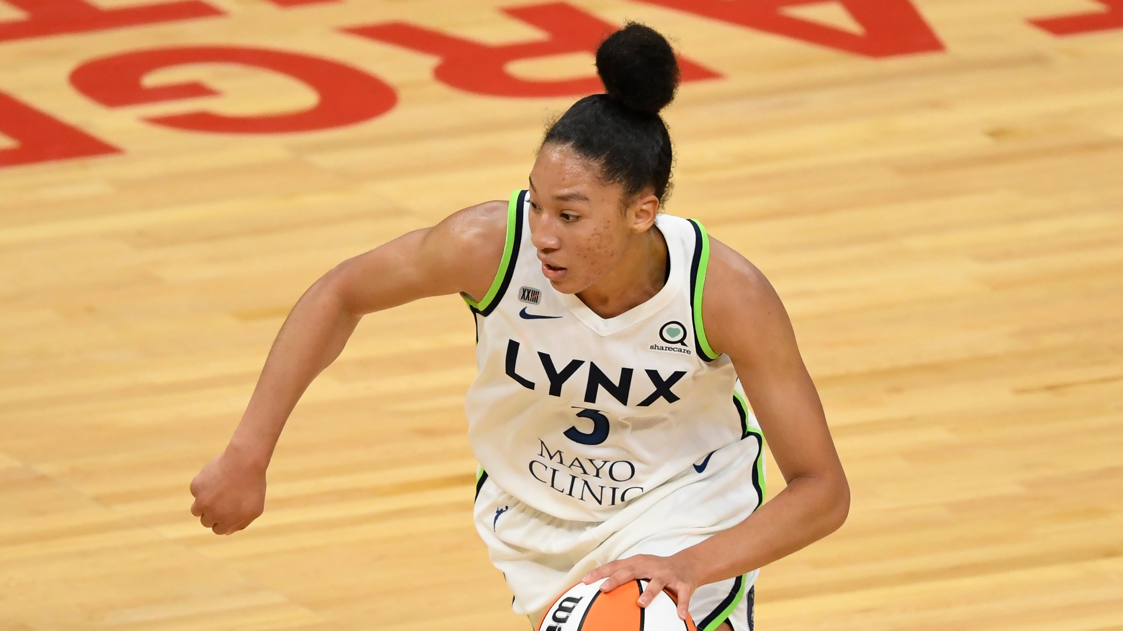 Minnesota Lynx forward Aerial Powers (3) controls the ball during a WNBA basketball game, Friday, May 14, 2021, in Minneapolis. (AP Photo/Hannah Foslien)