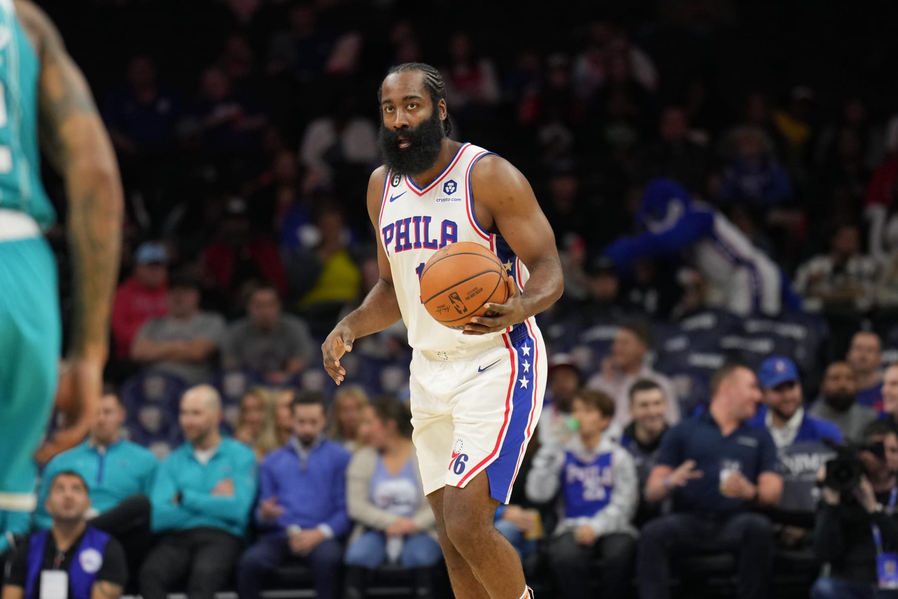 PHILADELPHIA, PA - OCTOBER 12: James Harden #1 of the Philadelphia 76ers dribbles the ball against the Charlotte Hornets during a preseason game on October 12, 2022 at the Wells Fargo Center in Philadelphia, Pennsylvania NOTE TO USER: User expressly acknowledges and agrees that, by downloading and/or using this Photograph, user is consenting to the terms and conditions of the Getty Images License Agreement. Mandatory Copyright Notice: Copyright 2022 NBAE (Photo by Jesse D. Garrabrant/NBAE via Getty Images)