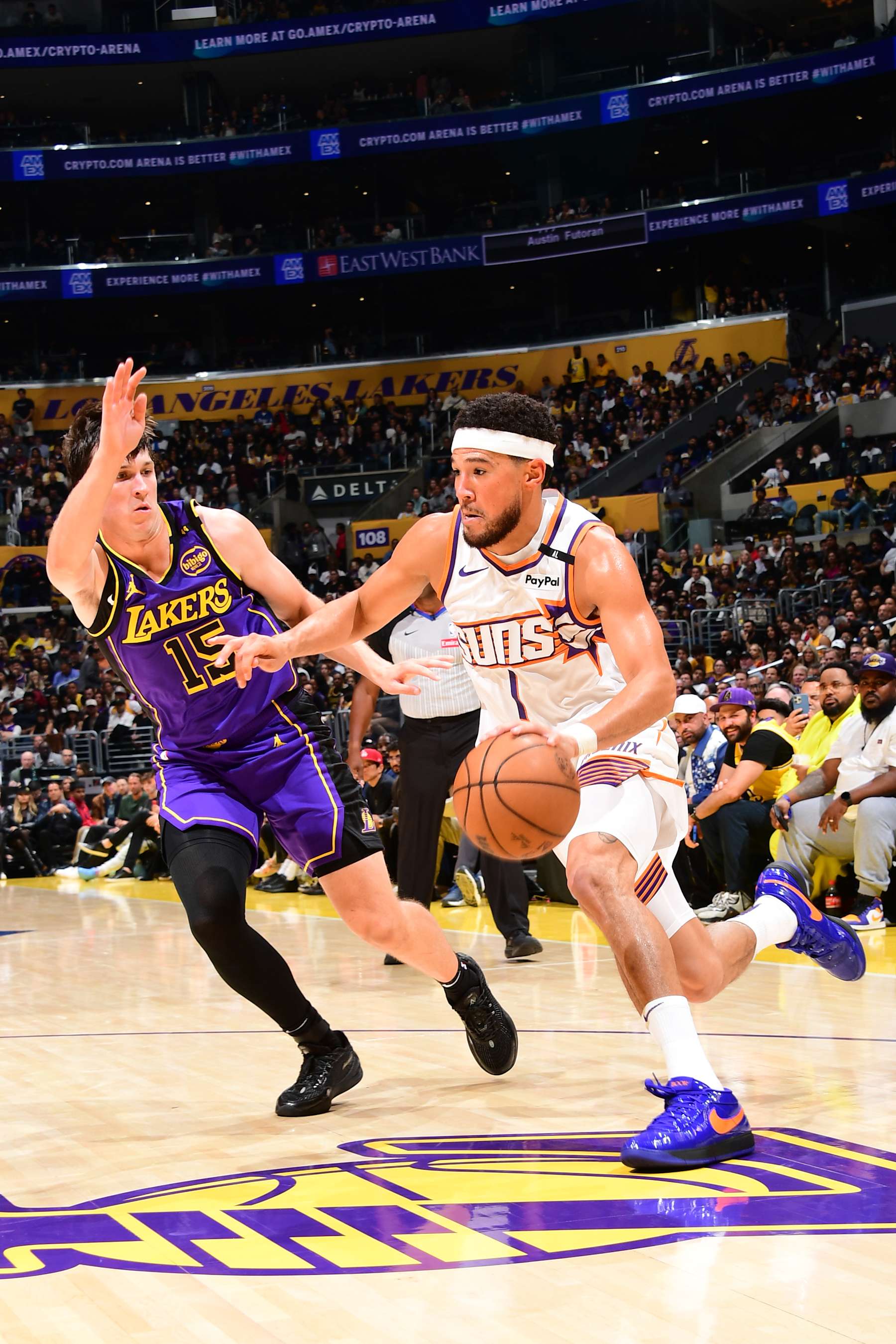 LOS ANGELES, CA - OCTOBER 25: Devin Booker #1 of the Phoenix Suns dribbles the ball during the game against the Los Angeles Lakers on October 25, 2024 at Crypto.Com Arena in Los Angeles, California. NOTE TO USER: User expressly acknowledges and agrees that, by downloading and/or using this Photograph, user is consenting to the terms and conditions of the Getty Images License Agreement. Mandatory Copyright Notice: Copyright 2024 NBAE (Photo by Adam Pantozzi/NBAE via Getty Images)