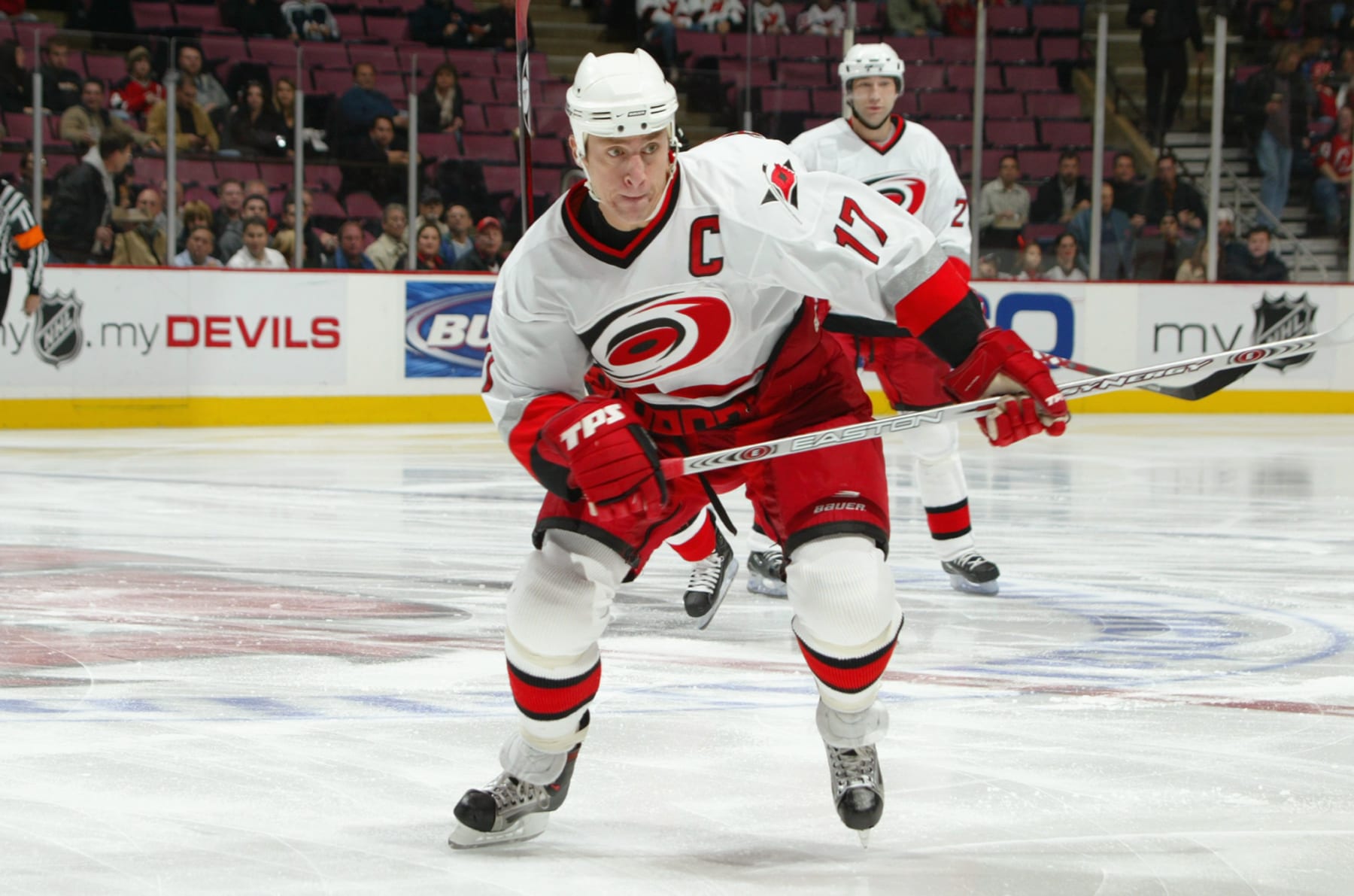 EAST RUTHERFORD, NJ - NOVEMBER 7:  Rod Brind'Amour #17 of the Carolina Hurricanes skates against the New Jersey Devils during the NHL game at the Continental Airlines Arena on October 7, 2006 in East Rutherford, New Jersey.  The Devils defeated the Hurricanes 3-2 in a shootout. (Photo by Mike Stobe/Getty Images)