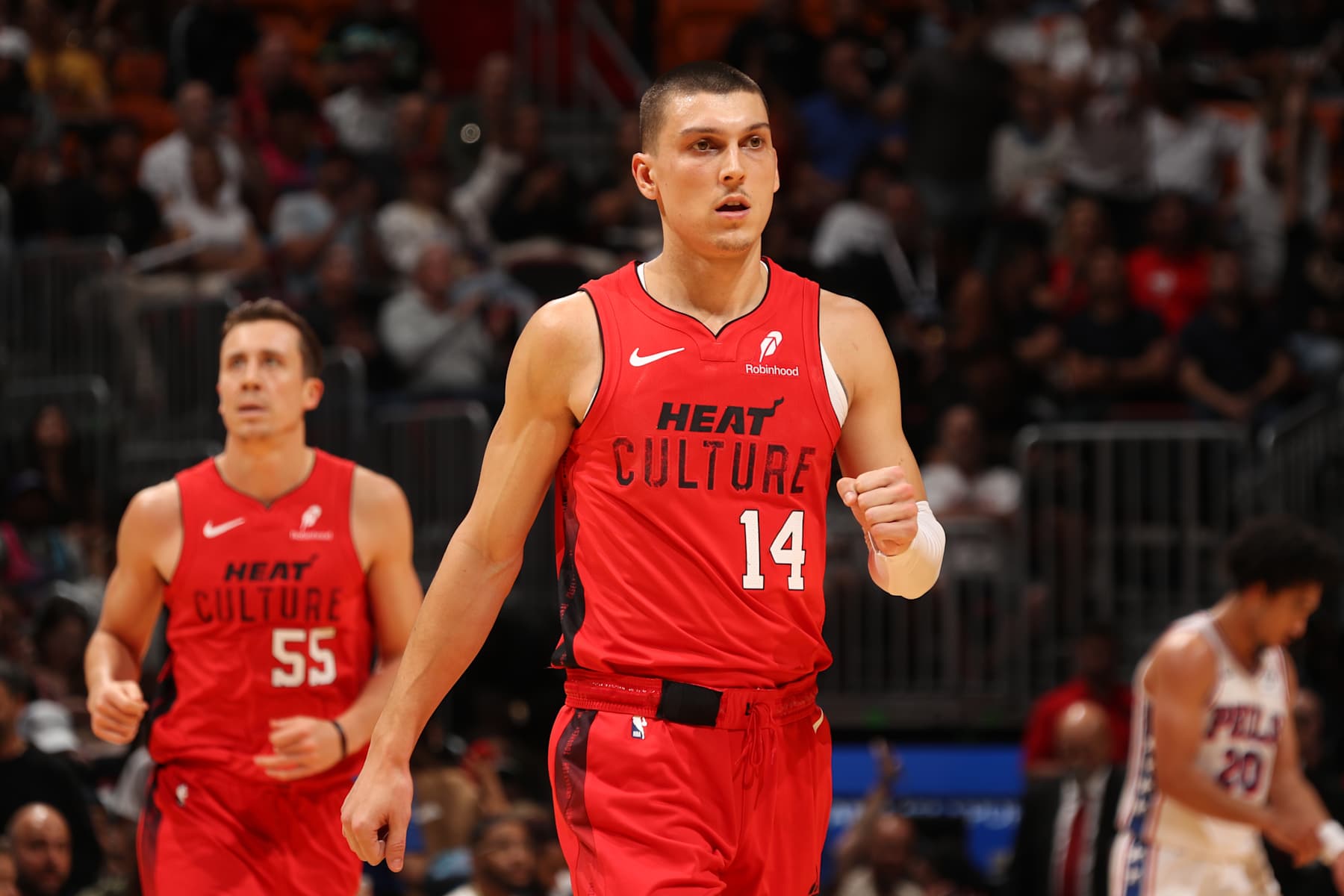 MIAMI, FL - NOVEMBER 18: Tyler Herro #14 of the Miami Heat looks on during the game against the Philadelphia 76ers on November 18, 2024 at Kaseya Center in Miami, Florida. NOTE TO USER: User expressly acknowledges and agrees that, by downloading and or using this Photograph, user is consenting to the terms and conditions of the Getty Images License Agreement. Mandatory Copyright Notice: Copyright 2024 NBAE (Photo by Issac Baldizon/NBAE via Getty Images)