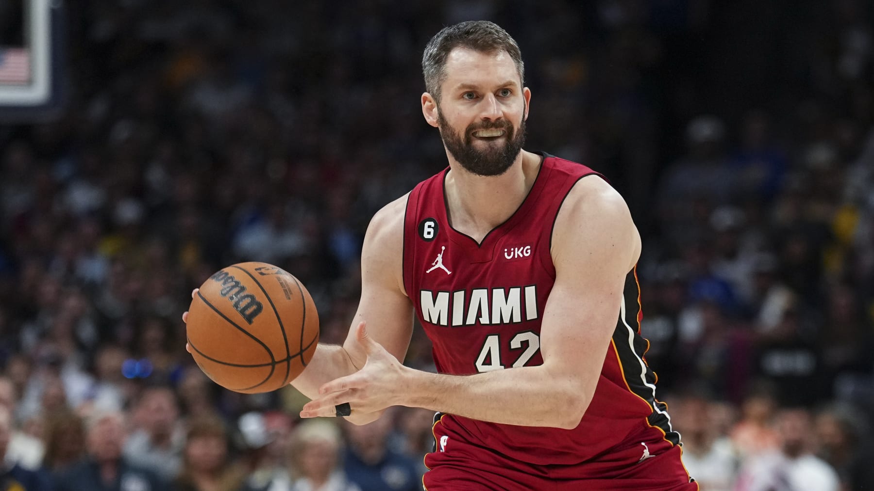 Miami Heat forward Kevin Love against the Denver Nuggets during the first half of Game 5 of basketball's NBA Finals, Monday, June 12, 2023, in Denver. (AP Photo/Jack Dempsey)
