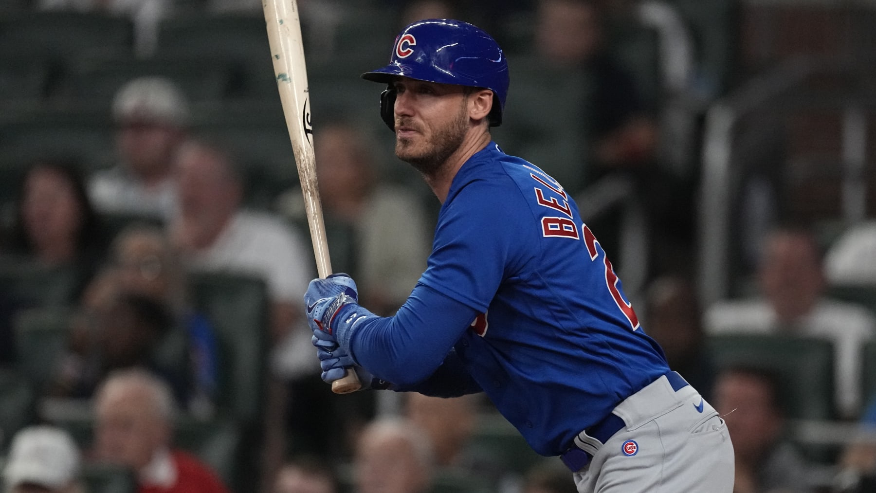 Chicago Cubs center fielder Cody Bellinger (24) is shown against the Atlanta Braves in a baseball game, Wednesday, Sept. 27, 2023, in Atlanta. (AP Photo/John Bazemore)