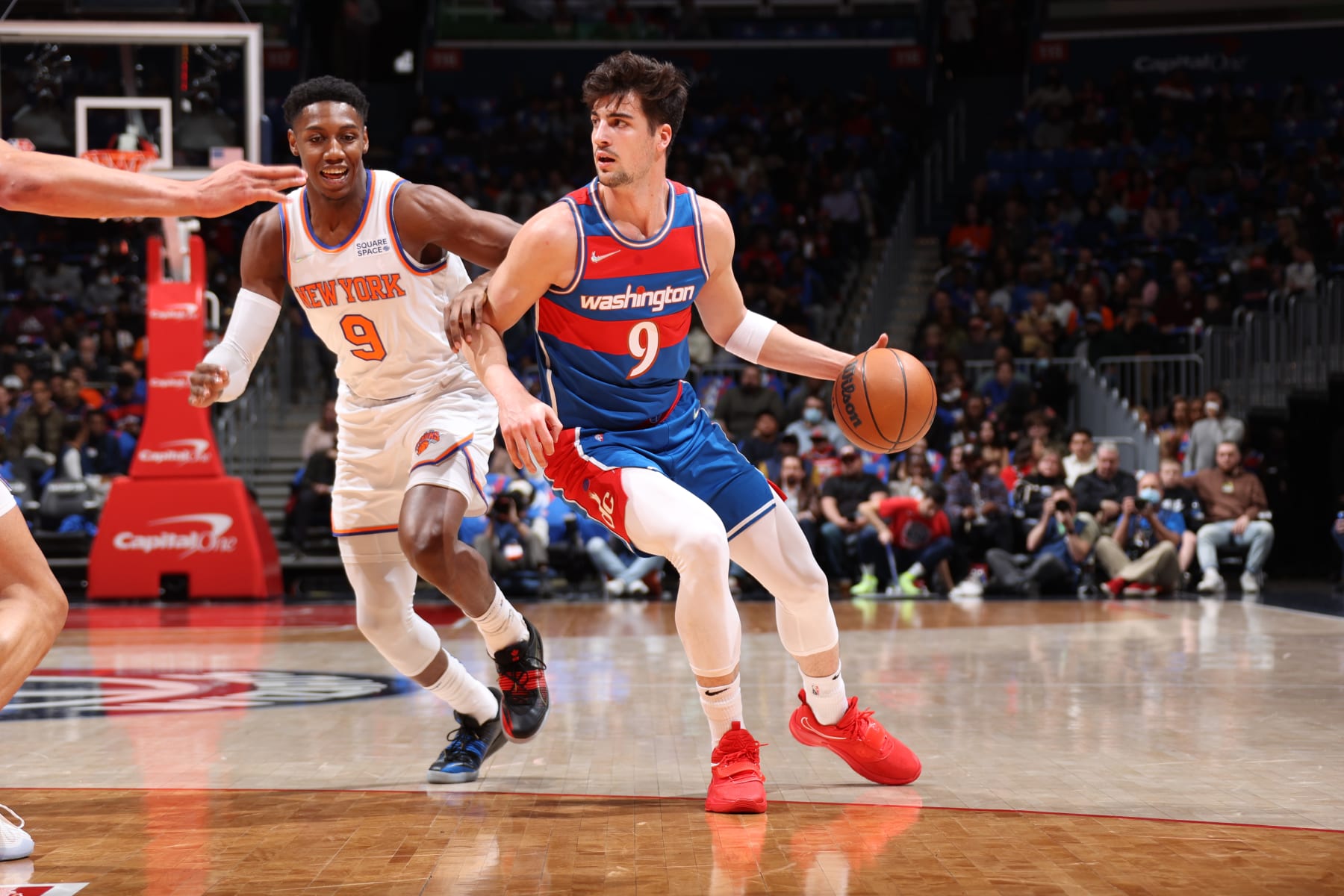 WASHINGTON, DC -  APRIL 8:  Deni Avdija #9 of the Washington Wizards drives to the basket during the game against the New York Knicks on April 8, 2022 at Capital One Arena in Washington, DC. NOTE TO USER: User expressly acknowledges and agrees that, by downloading and or using this Photograph, user is consenting to the terms and conditions of the Getty Images License Agreement. Mandatory Copyright Notice: Copyright 2022 NBAE (Photo by Stephen Gosling/NBAE via Getty Images)