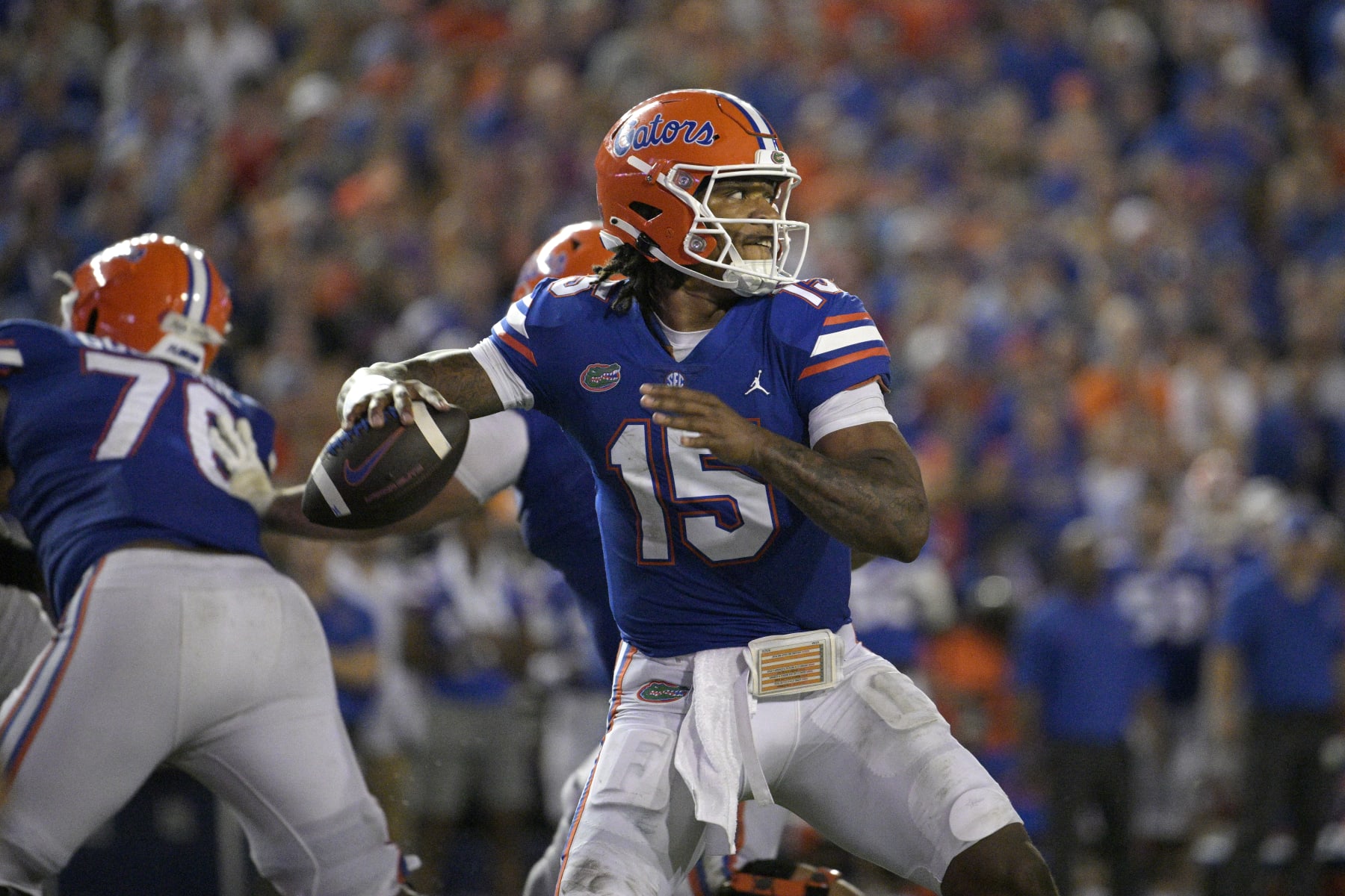 Florida quarterback Anthony Richardson (15) throws a pass during the second half of an NCAA college football game against Utah, Saturday, Sept. 3, 2022, in Gainesville, Fla. (AP Photo/Phelan M. Ebenhack)