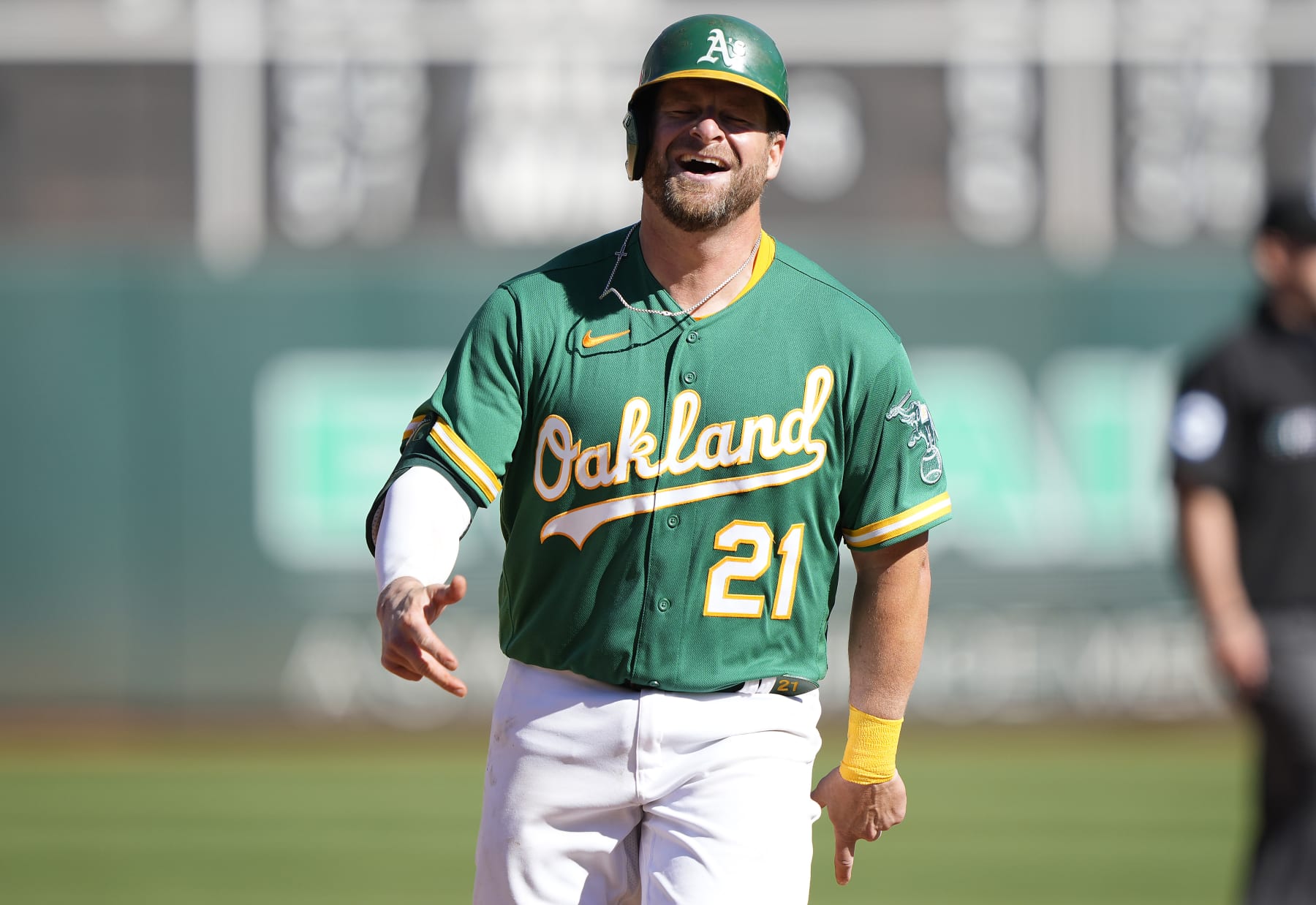 OAKLAND, CALIFORNIA - OCTOBER 05: Stephen Vogt #21 of the Oakland Athletics celebrates while trotting around the bases after hitting a solo home run against the Los Angeles Angels in the bottom of the seventh inning at RingCentral Coliseum on October 05, 2022 in Oakland, California. (Photo by Thearon W. Henderson/Getty Images)
